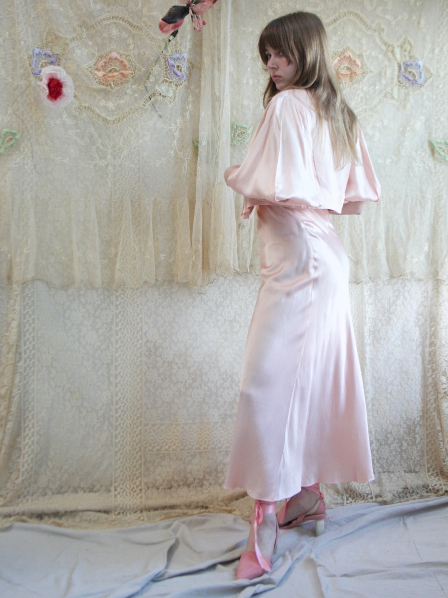 1930s Sculptural 2 Piece Bias Cut Satin Dress Set