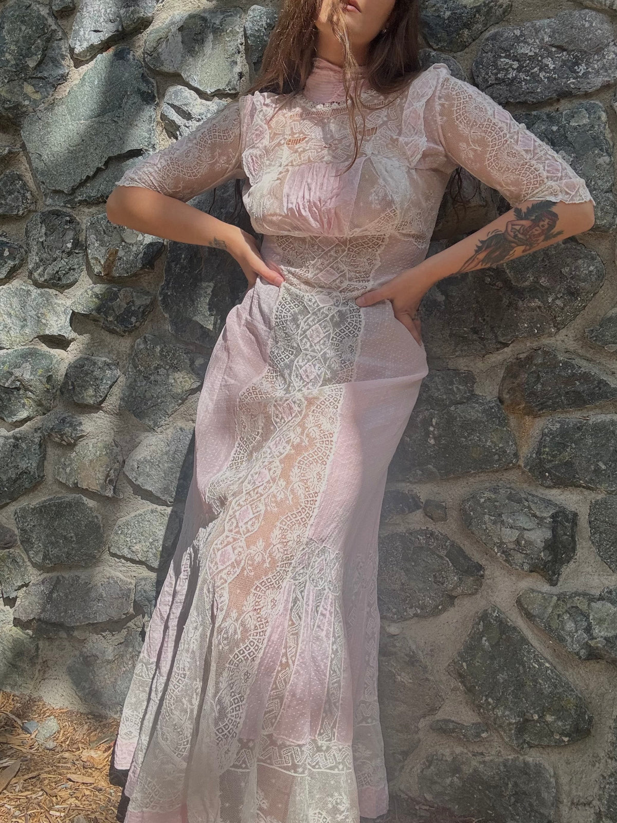 Antique Edwardian Pink Swiss Dot Insertion Lace Tea Gown