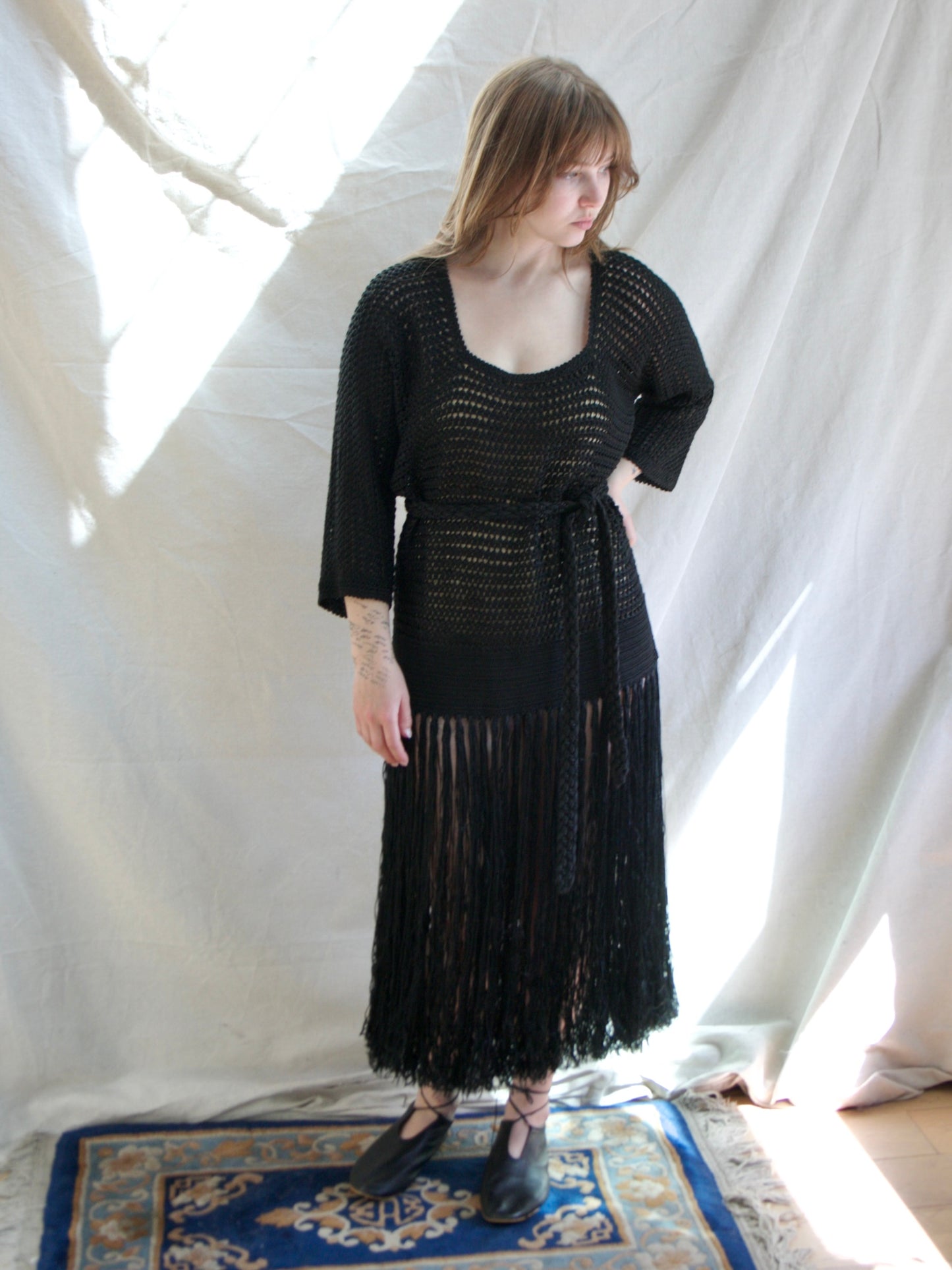 Antique 1920s Inky Black Rayon Knit Fringe Tunic Dress