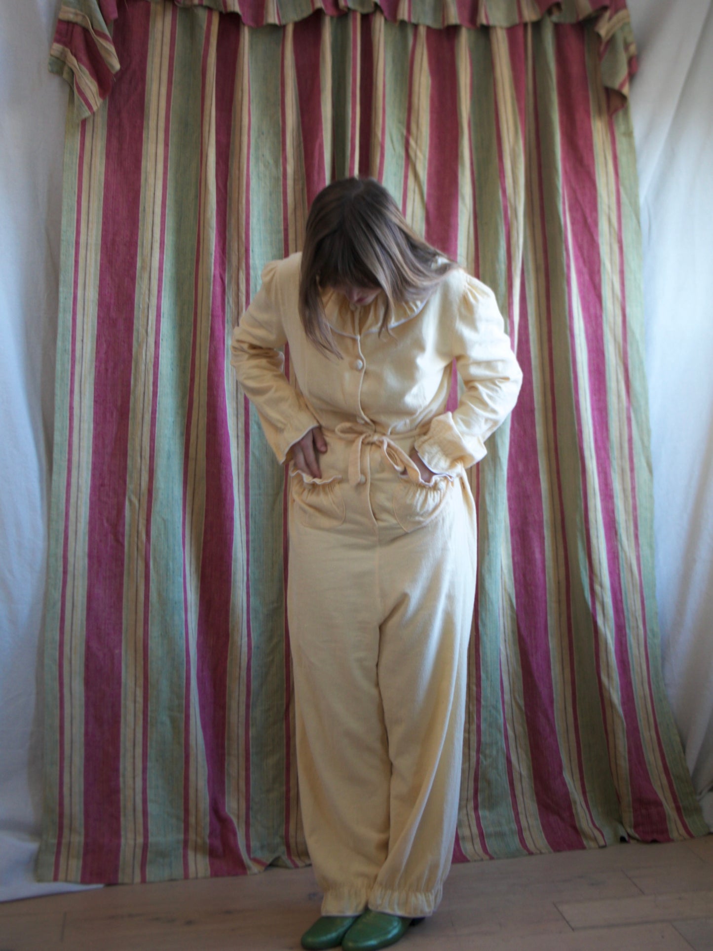 1940s Butter Yellow Soft Flannel Ruffle Trim Lounge Jumpsuit