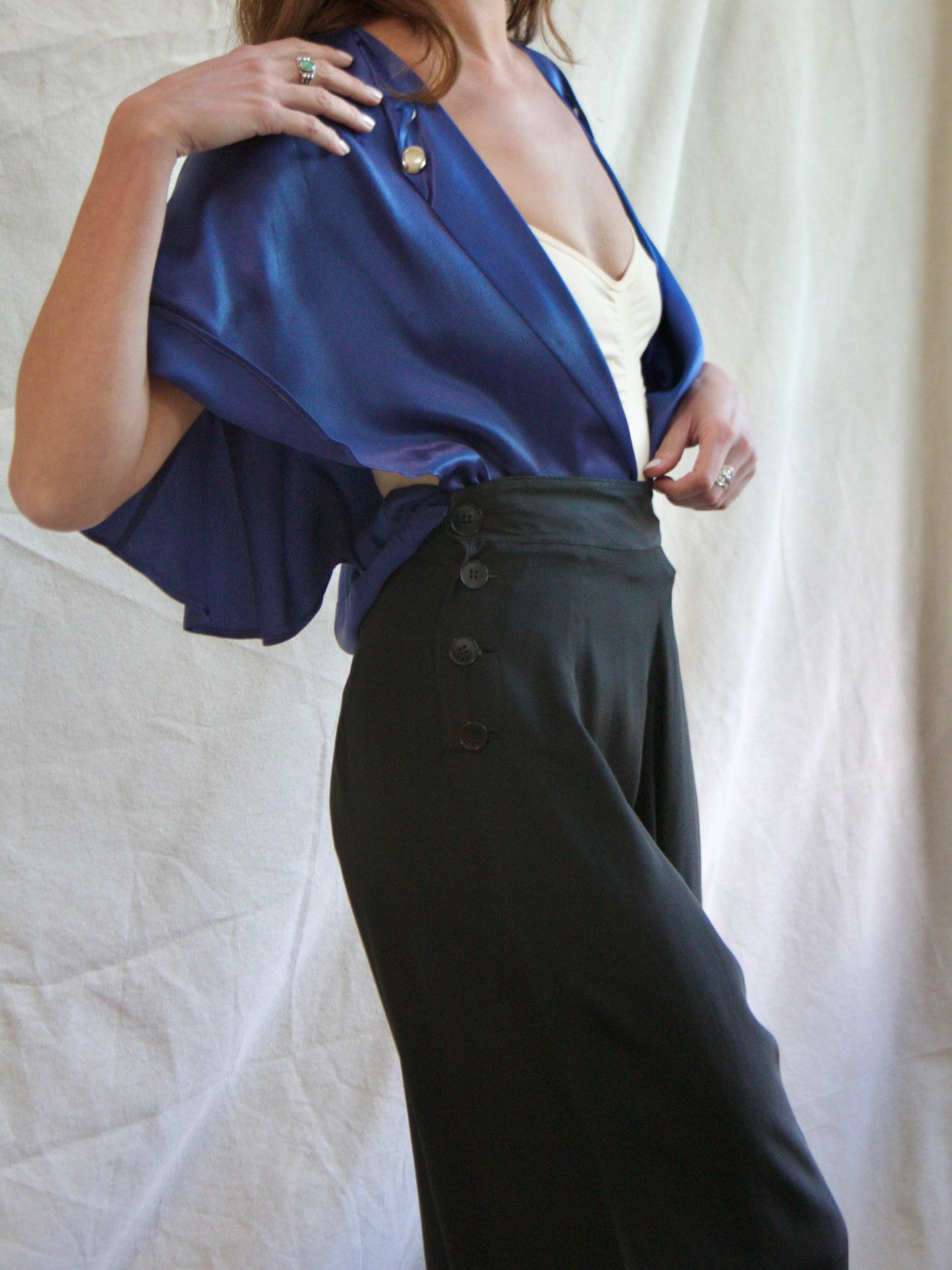 1930s Fall Front Inky Black Silk Palazzo Pants