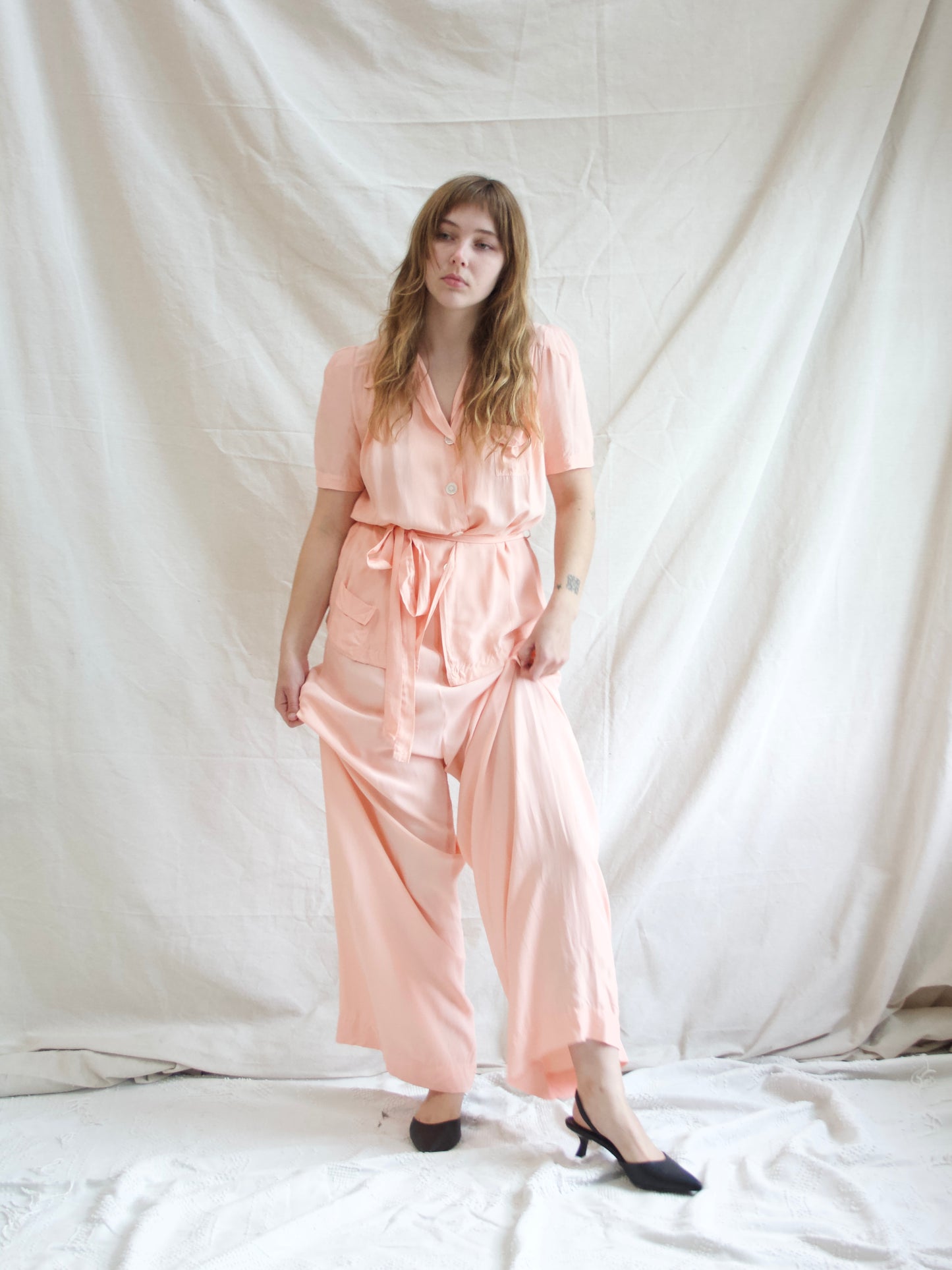 1940s Cold Rayon 2-PC Wide Leg Side Button Lounge Set W* Belt