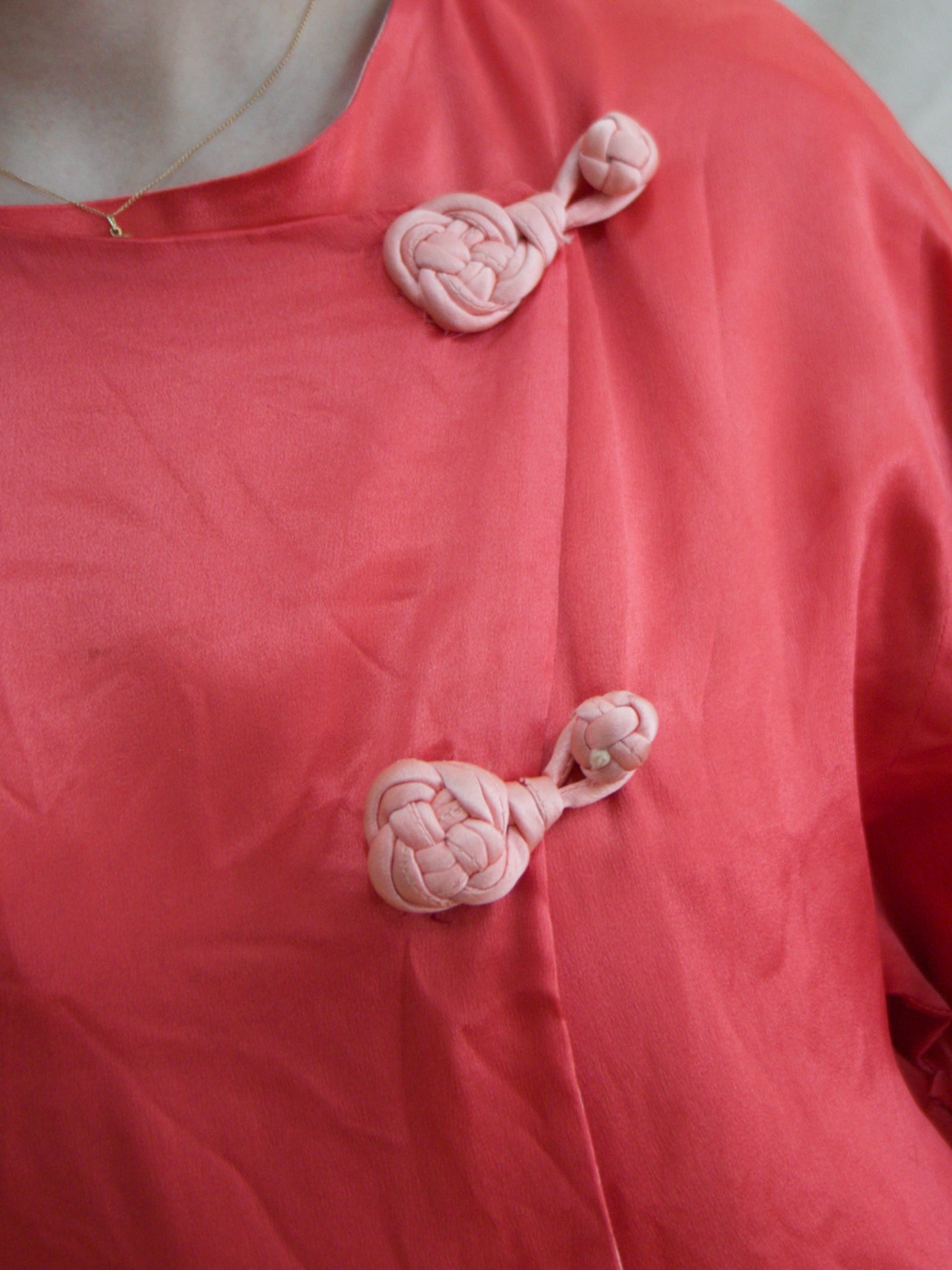 Antique 1920s Day-Glo Neon Coral Kimono Sleeve Silk Frog Closure Robe