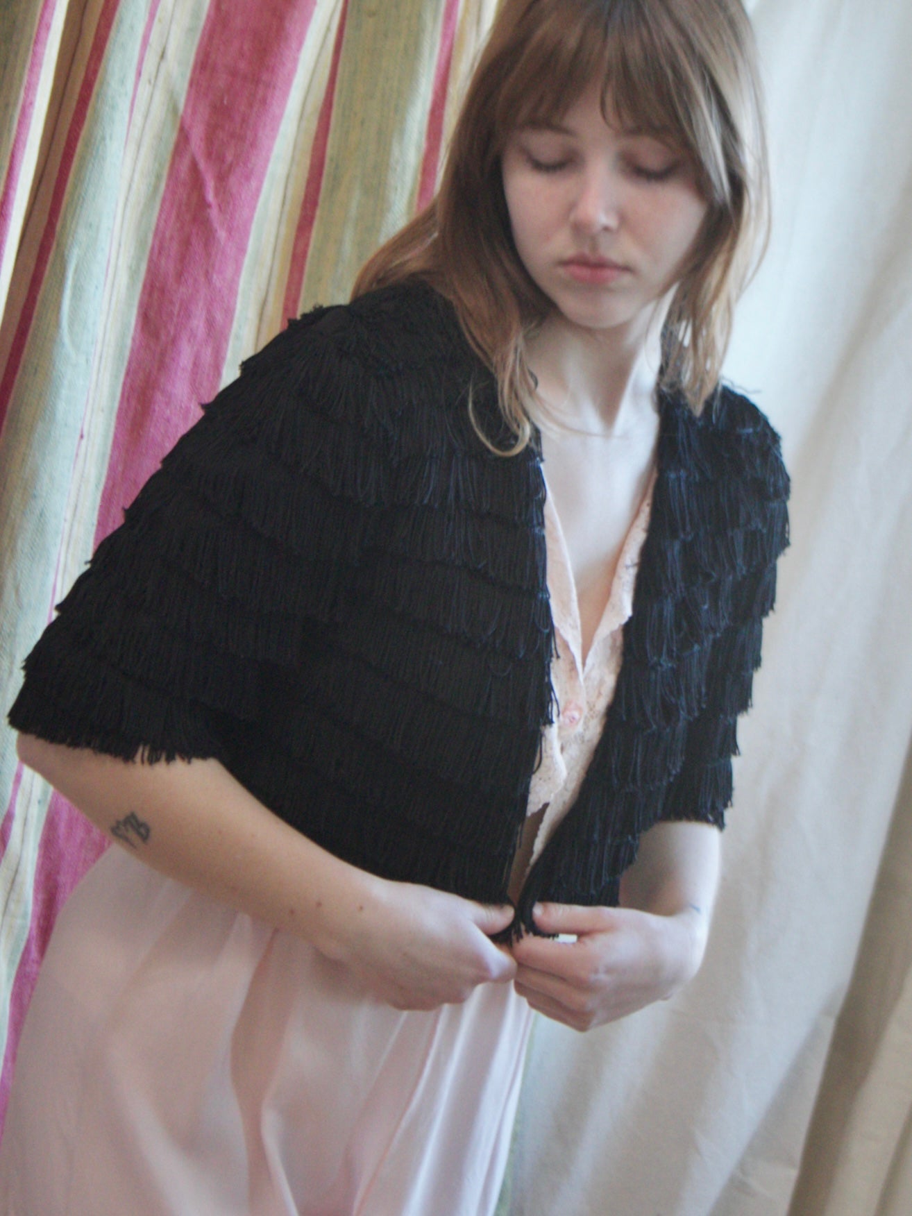 1930s Rayon Crepe Fringe Wrap Bolero Blouse