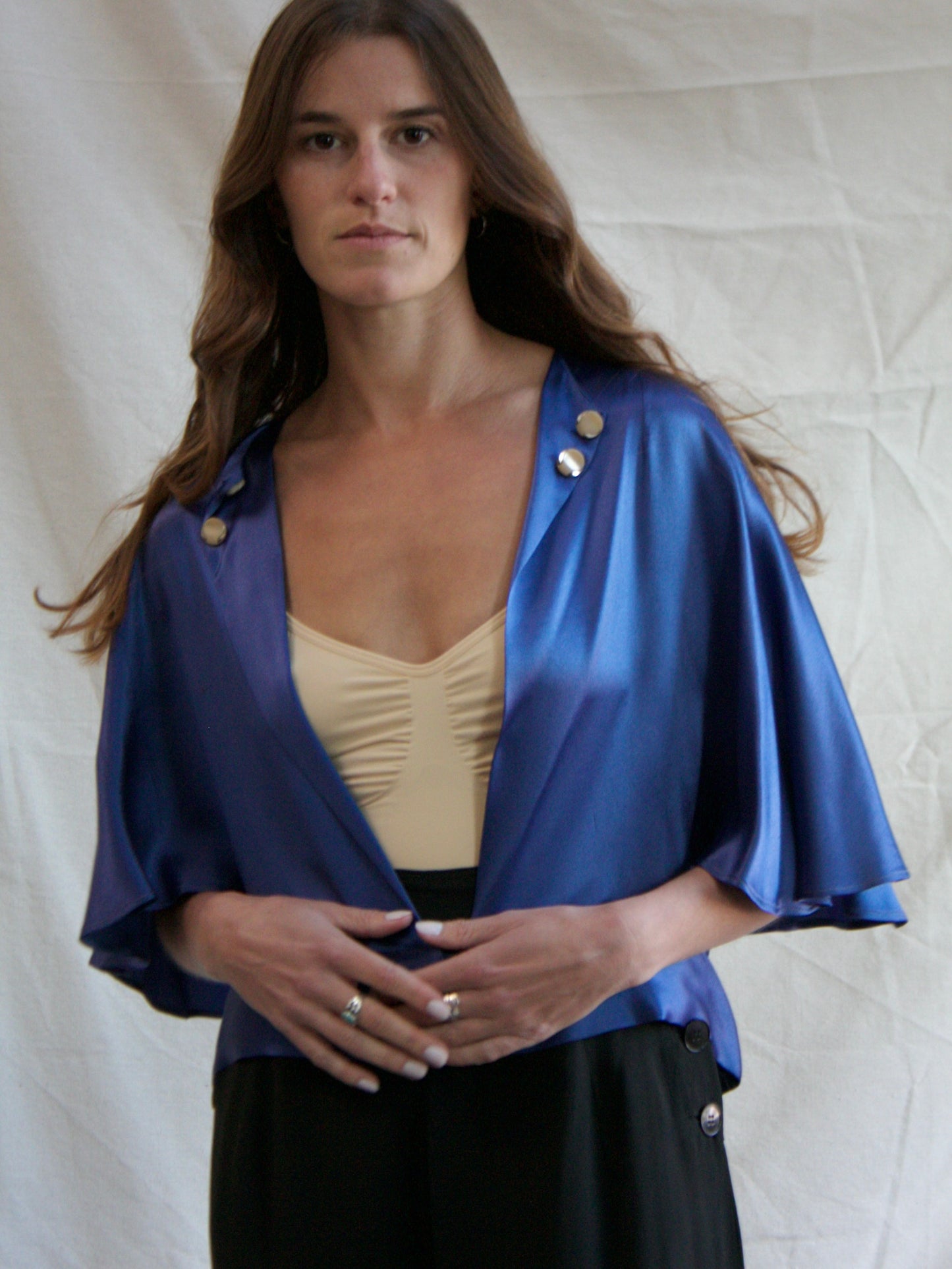 1930s Cobalt Blue Silk Plunging Open Side Capelet Blouse