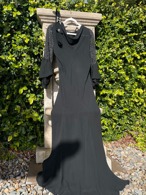 1930s Deco Jet Black Crepe De Chine Glass Beaded Bishop Sleeve Dress