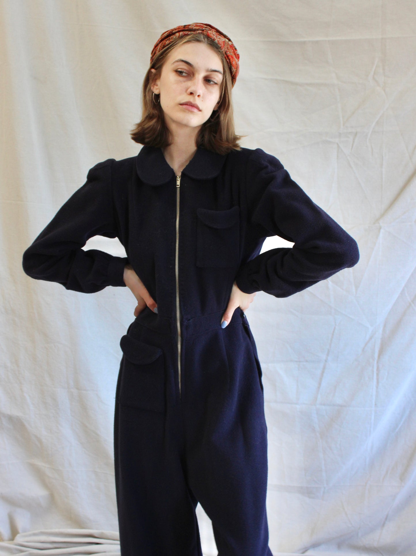 WW2 Navy Blue Wool Back Flap "Siren Suit" Wide Leg Jumpsuit