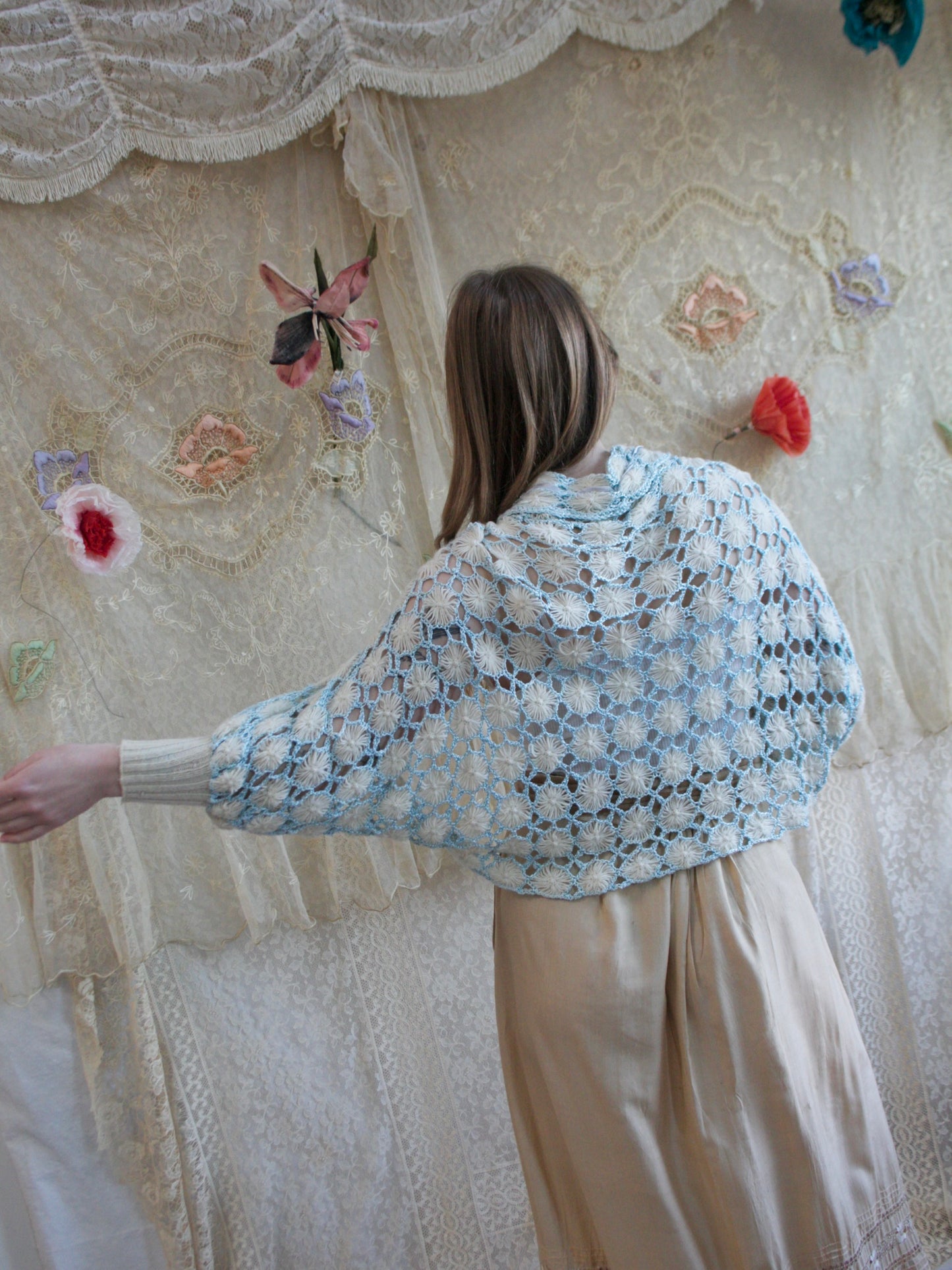 1930 Crochet Wool Knit Silk Ribbon Shrug