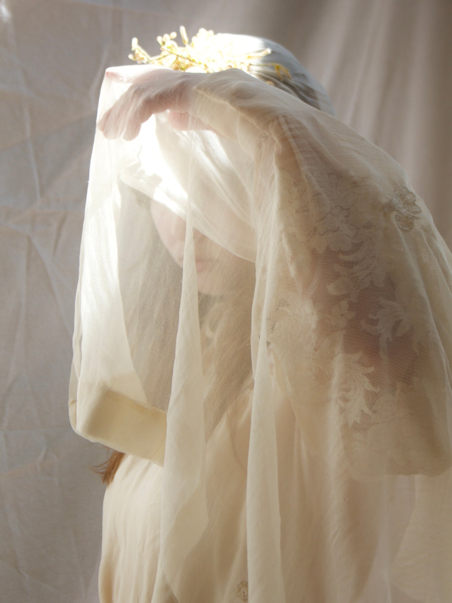 Antique Edwardian Wax Flower Crown Chiffon Applique Bridal Veil