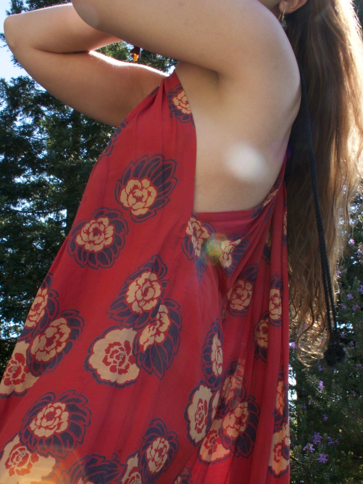 Antique Turkey Red Woven Silk Floral Print Drawstring Dress