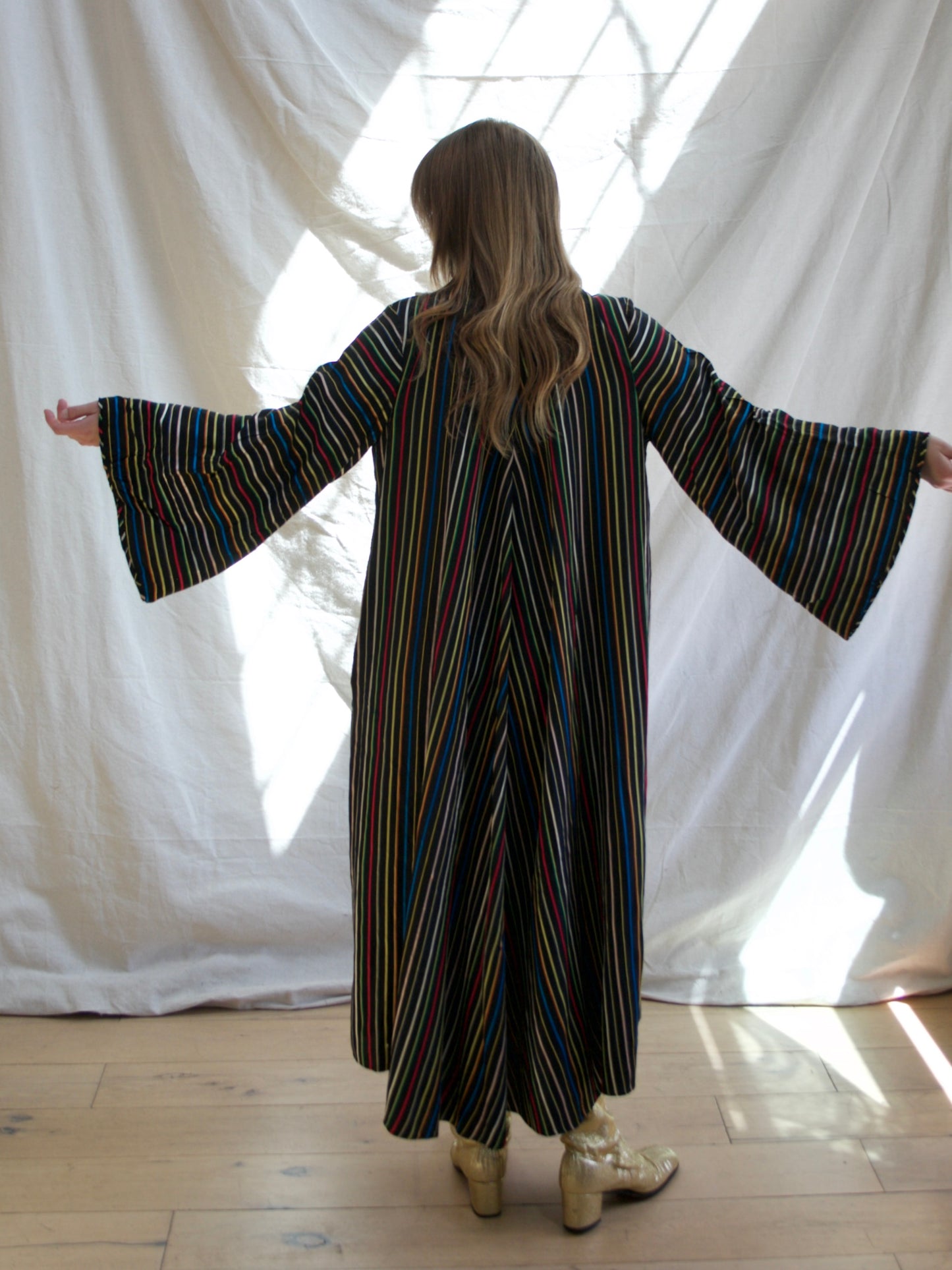 1950s Chevron Rainbow Stripe Rayon Taffeta Swing Coat Tent Dress