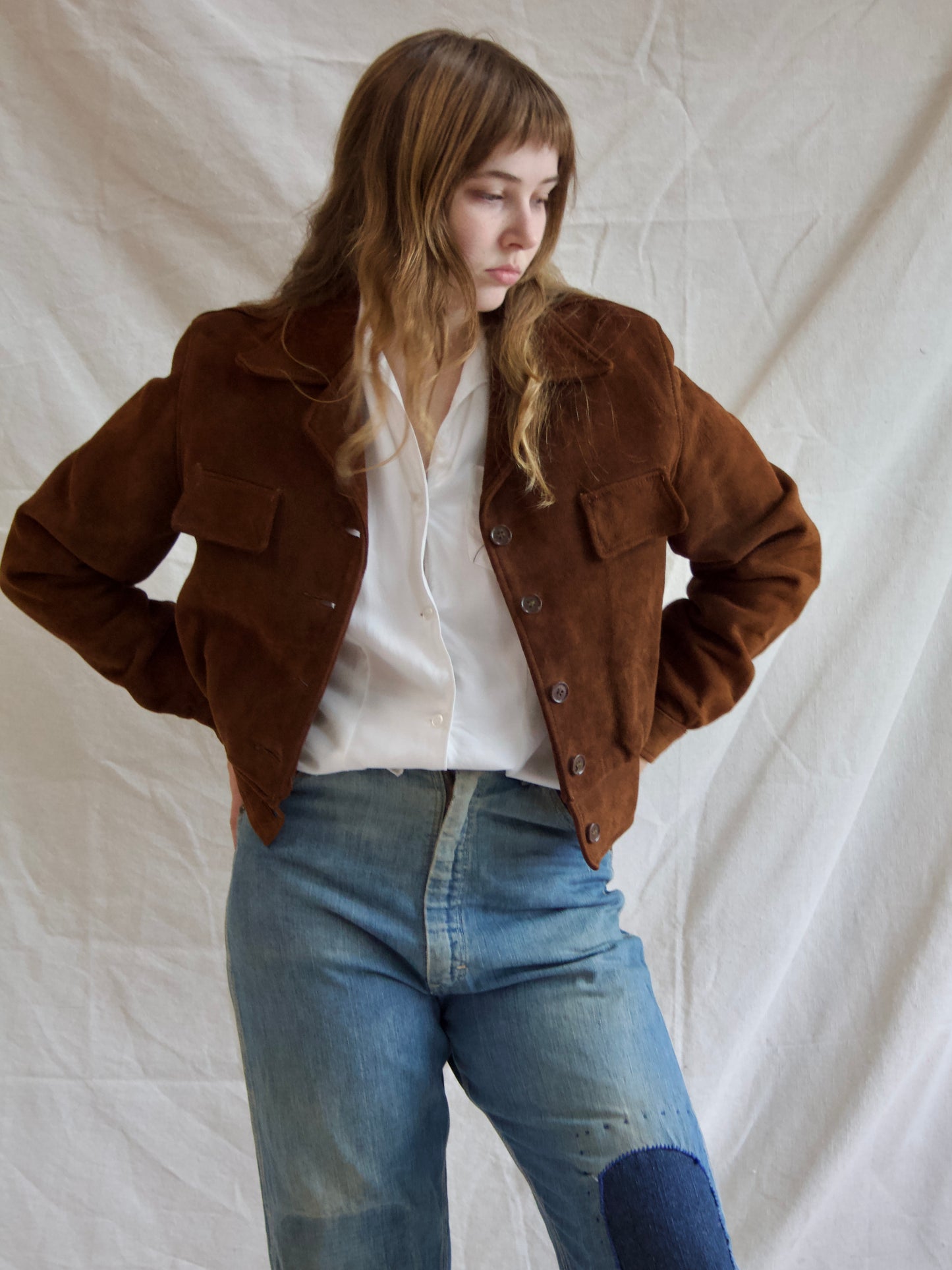 1940s Cropped Suede Flannel Lined Side Cinch Jacket