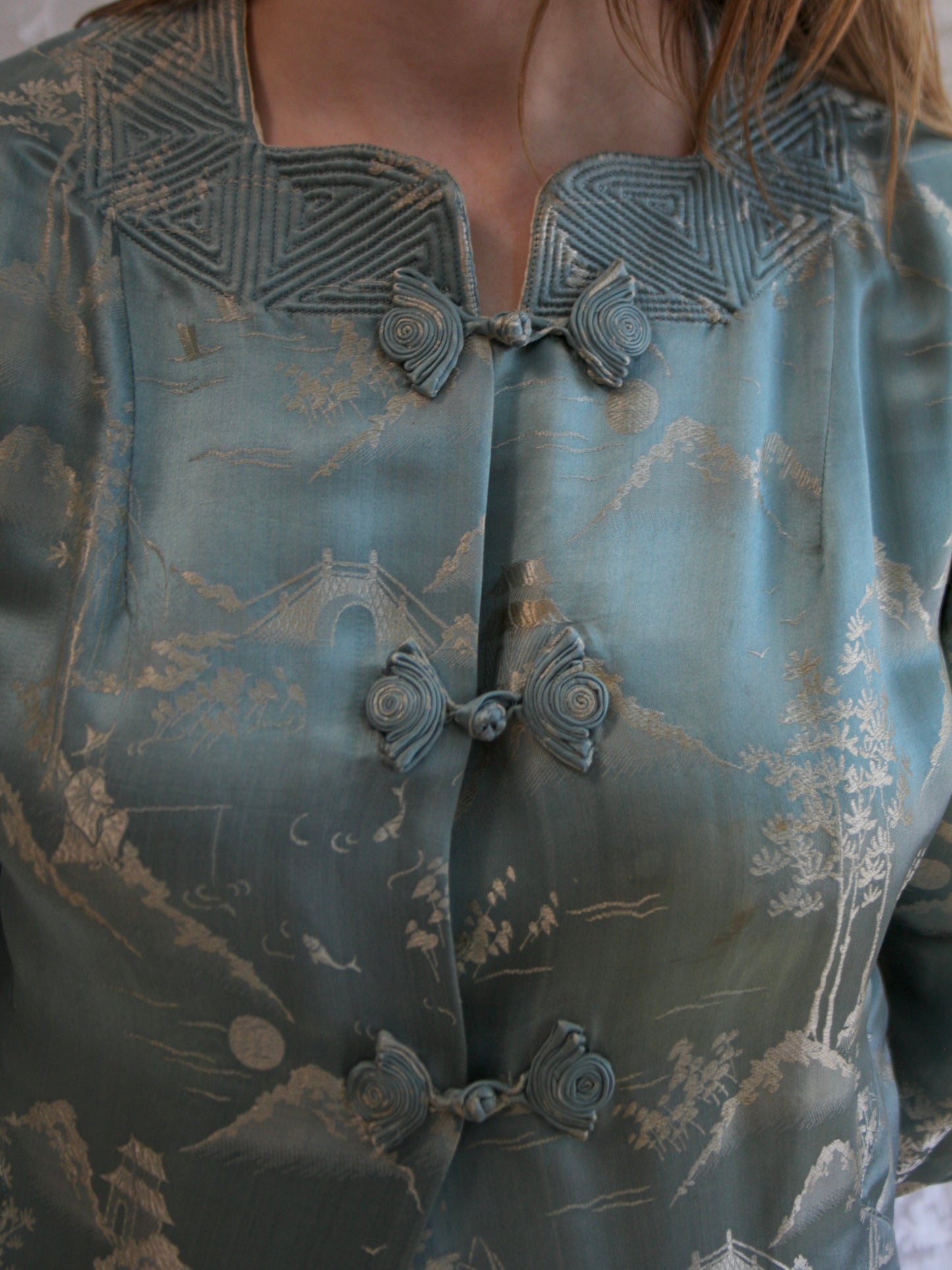 1930s Cornflower Blue Silk Jacquard 2 PC Palazzo Pant Tunic Set