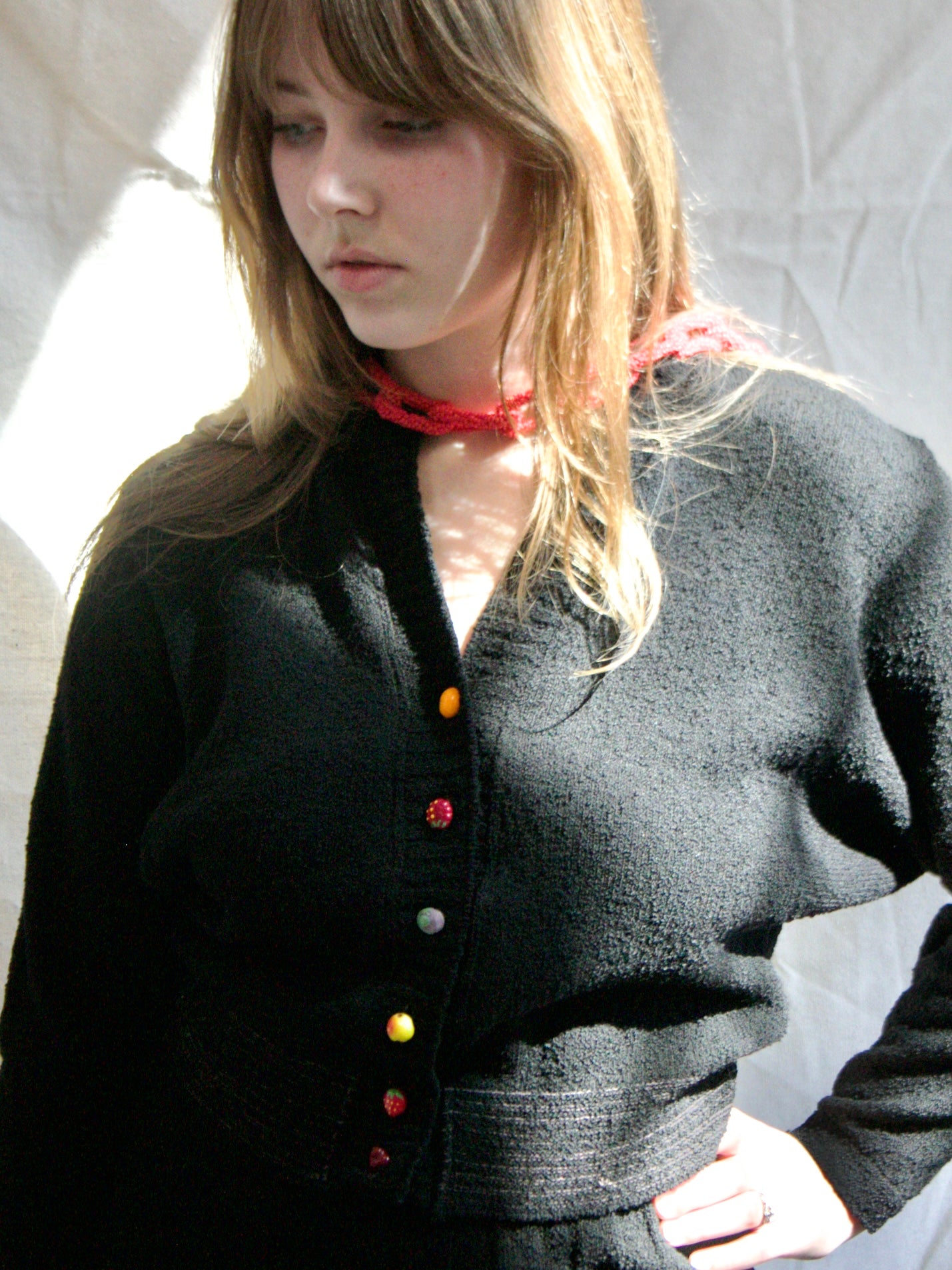 1950s Vampy Boucle Fruit Button Knit 2 PC Skirt Set