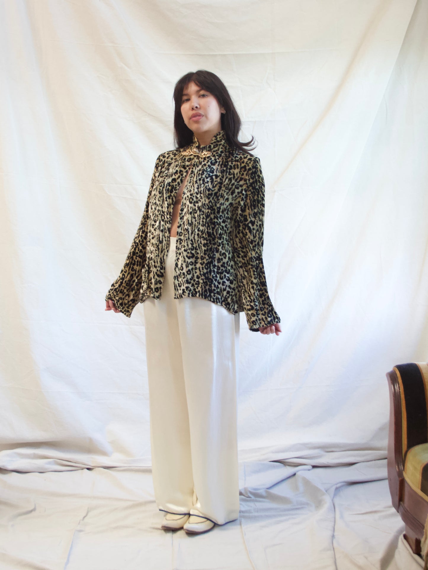 1940s Plush Leopard Print Velvet Mandarine Collar Blouse