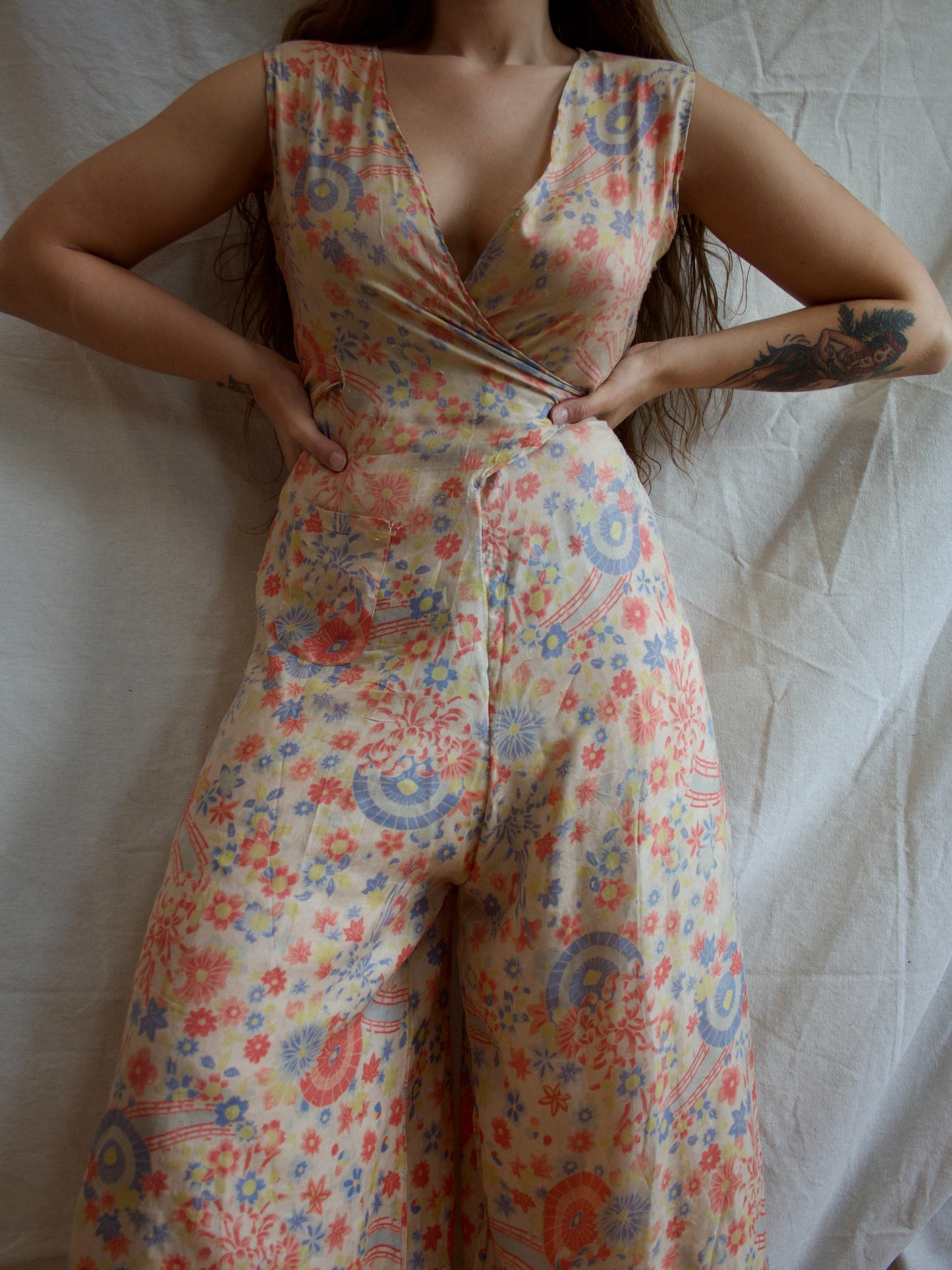 1930s All Over Japanese Print Pongee Silk Lounge Jumpsuit