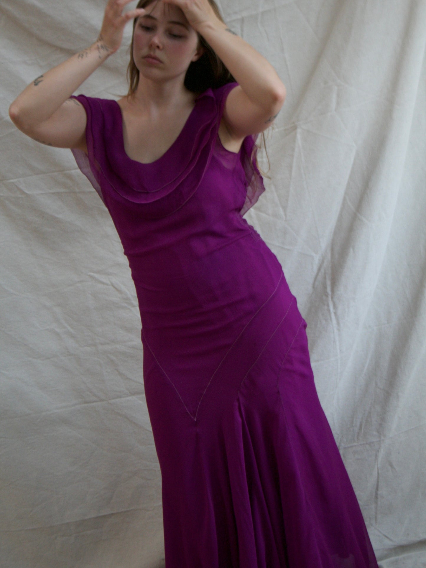 1930s Crinkle Chiffon Silk Fuchsia Plum Bias Cut Gown