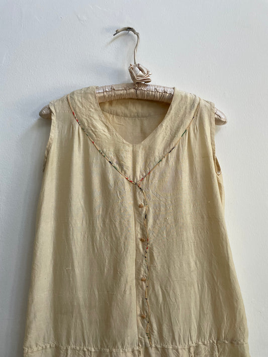 1920s Drop Waist Raw Silk Pleated Deco Dress