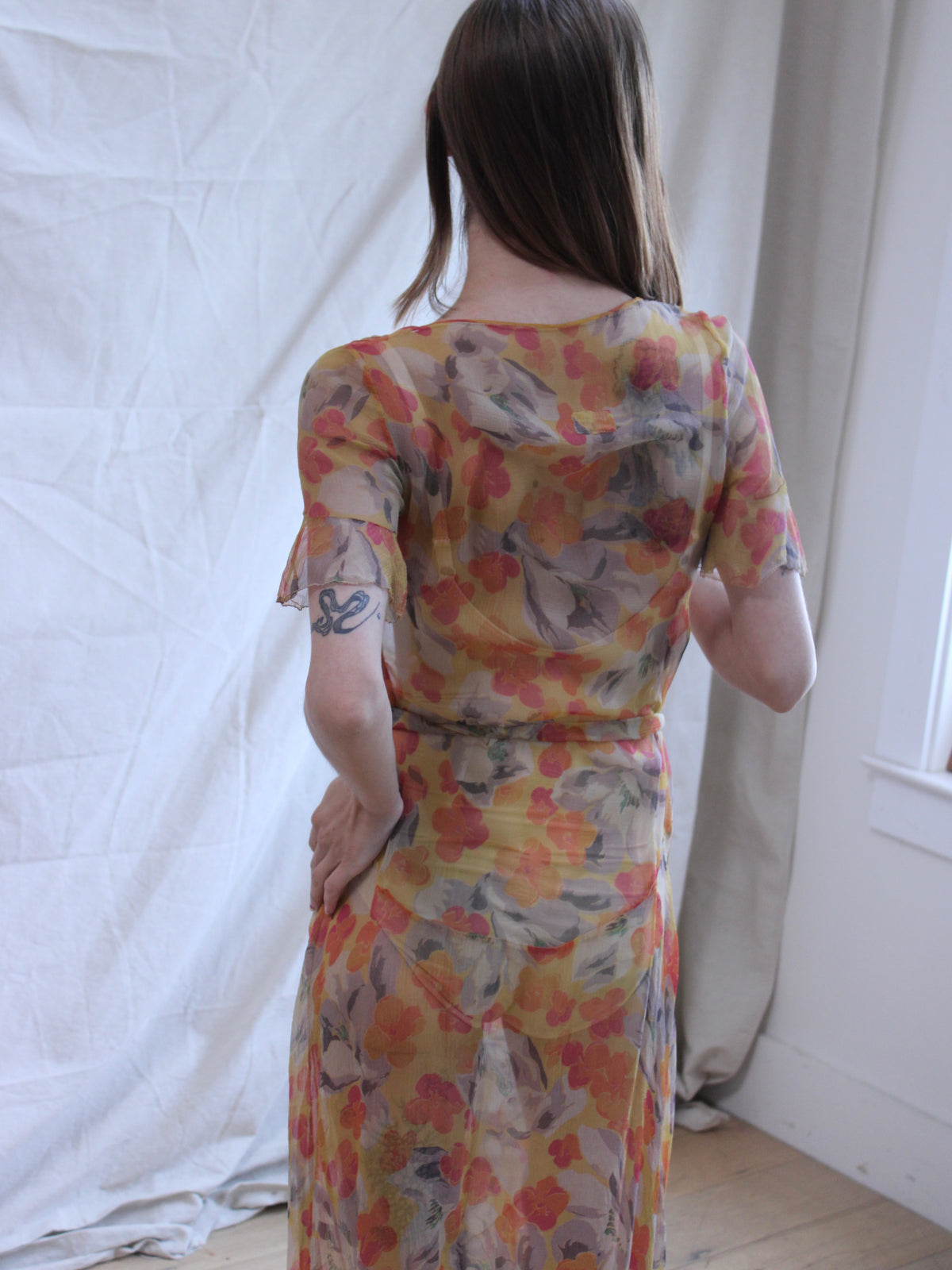 1930s Floral Chiffon Flutter Sleeve 2 PC Dress