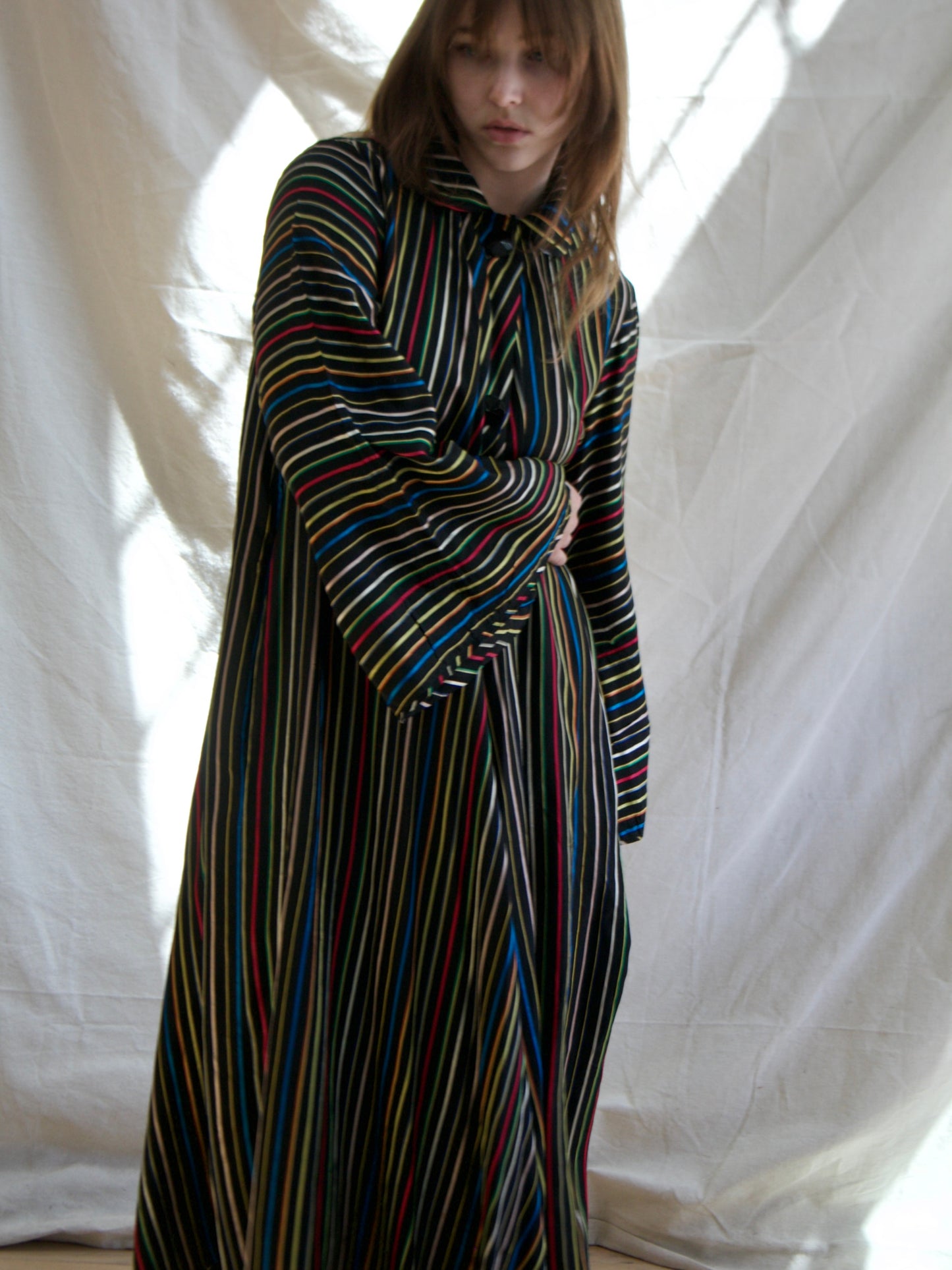 1950s Chevron Rainbow Stripe Rayon Taffeta Swing Coat Tent Dress