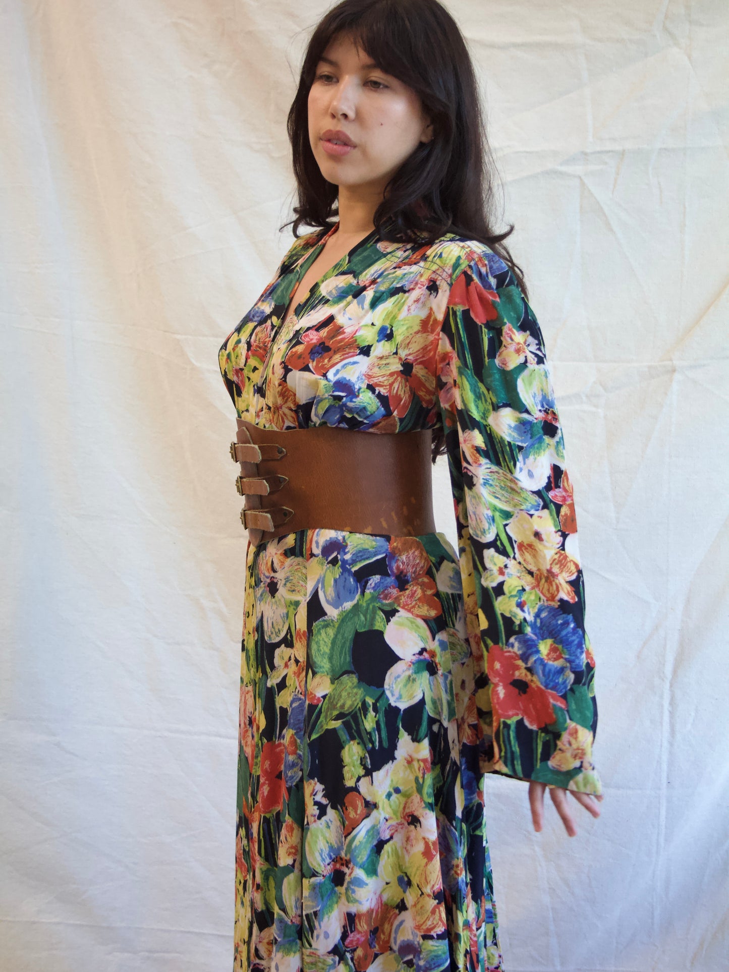 1930s Zip Front Puff Bell Sleeve Floral Silk Crepe Dress