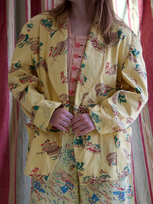 1940s Novelty Print 'Laguna Beach' Lemon Yellow Beach Play Jacket