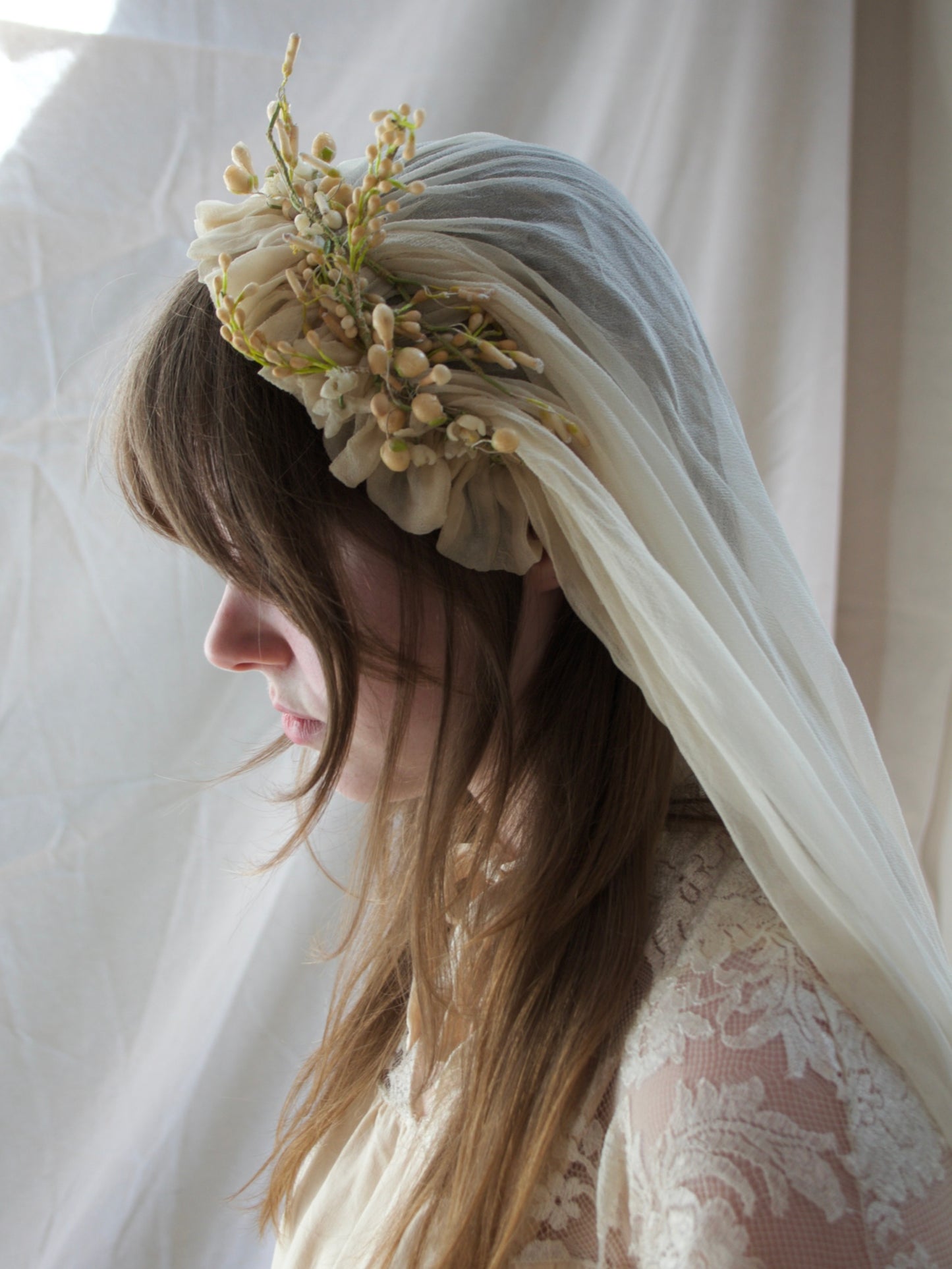 Antique Edwardian Wax Flower Crown Chiffon Applique Bridal Veil