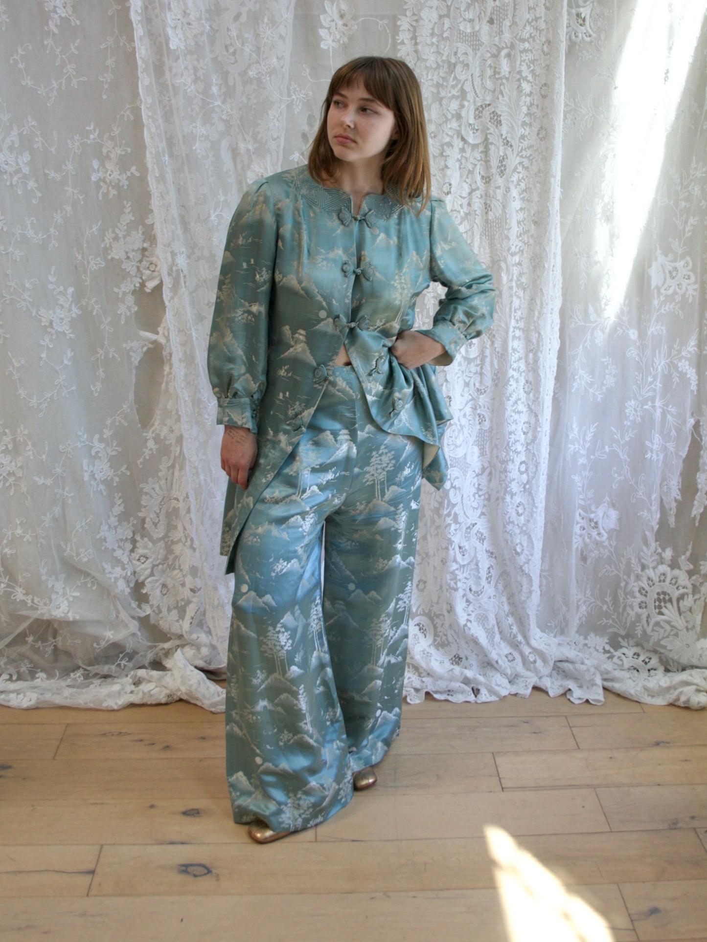 1930s Cornflower Blue Silk Jacquard 2 PC Palazzo Pant Tunic Set