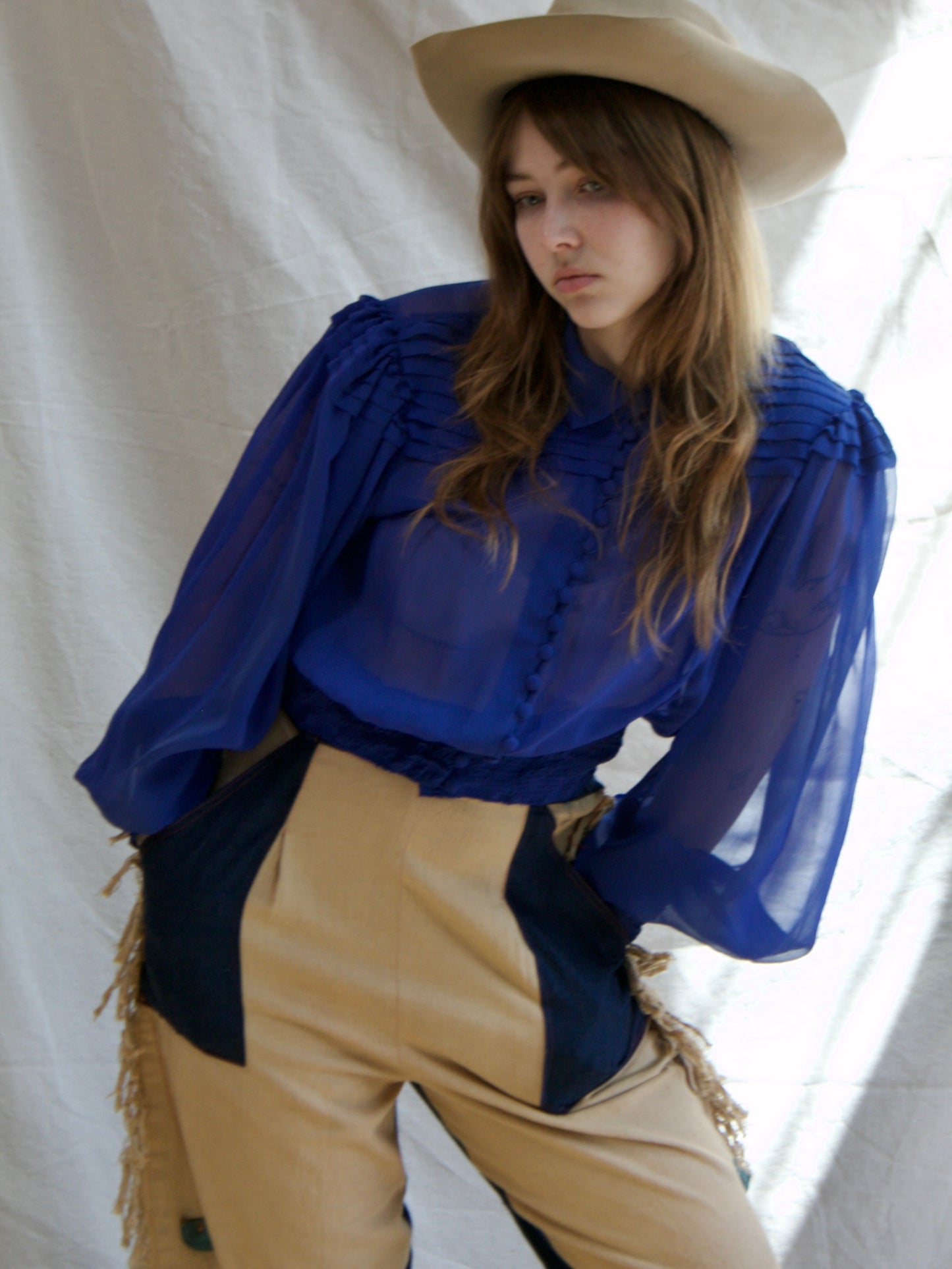 1930s Cobalt Chiffon Bishop Sleeve Smocked Blouse