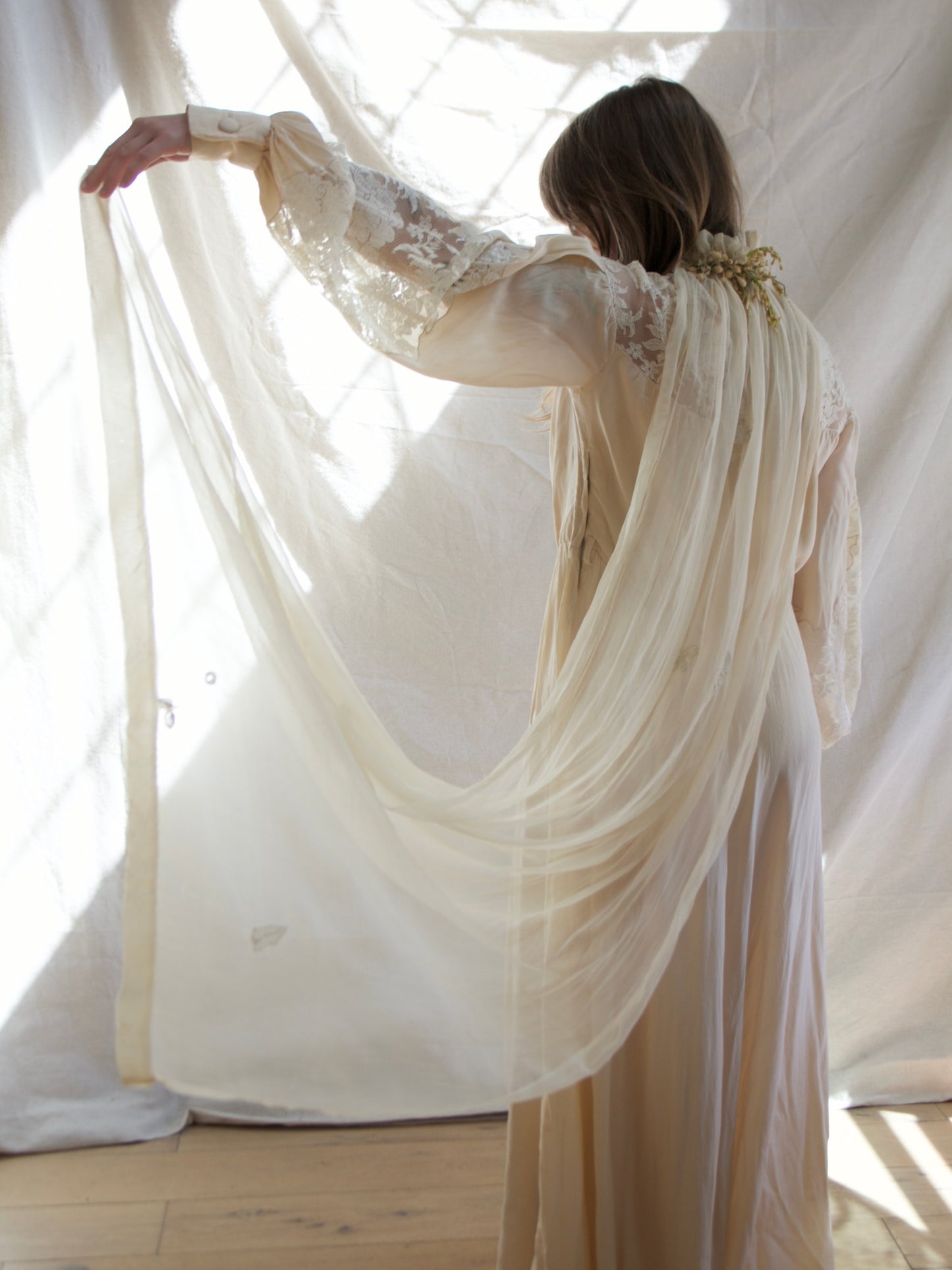 Antique Edwardian Wax Flower Crown Chiffon Applique Bridal Veil