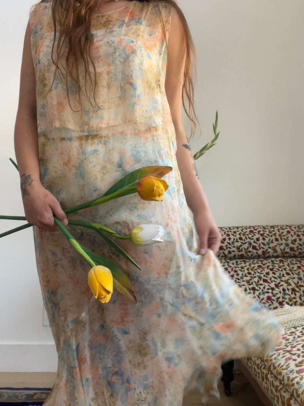 1920s Springtime Floral Silk Chiffon Drop Waist Dress