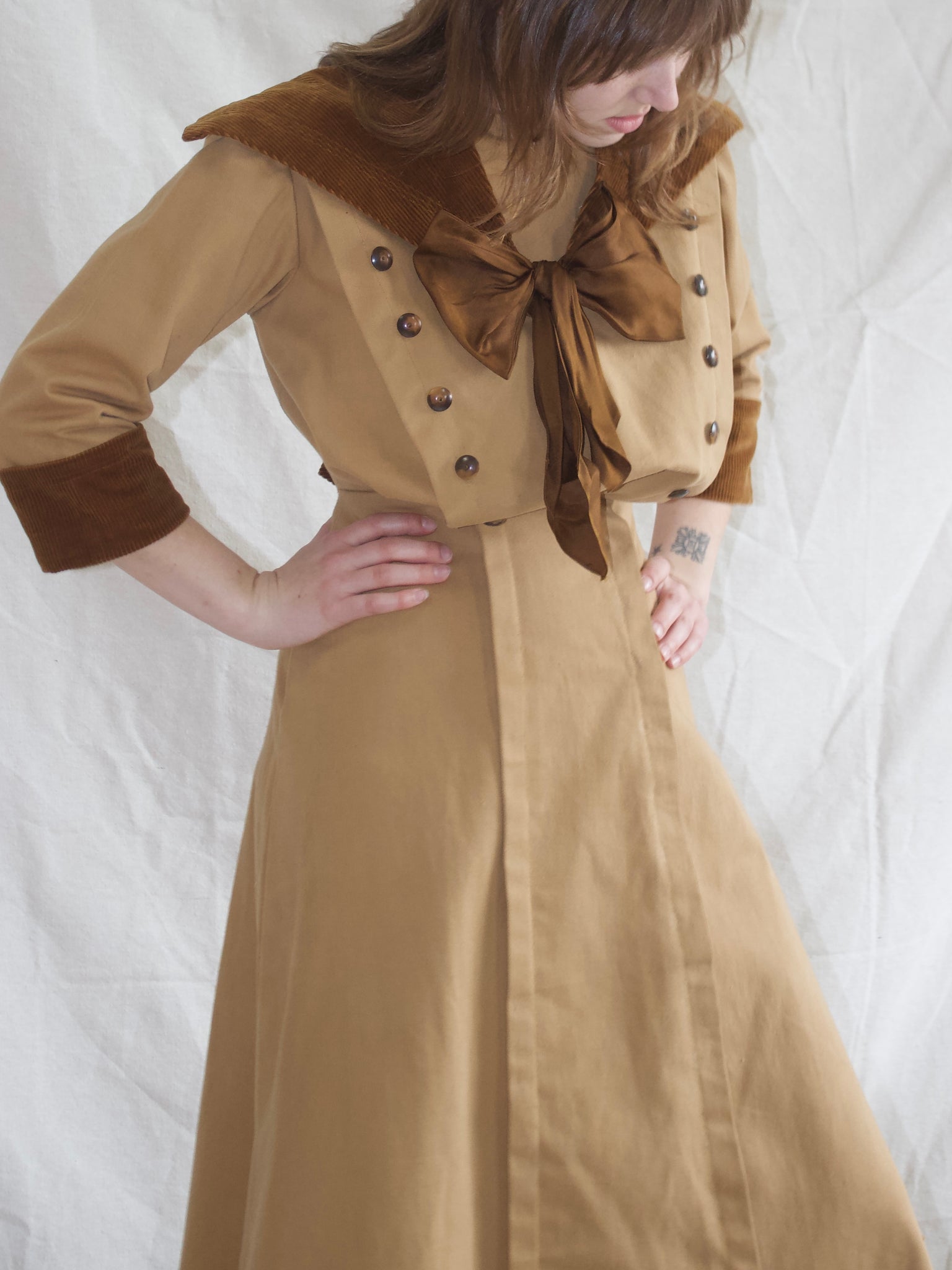 1910s Edwardian Khaki & Corduroy Riding Habit Dress