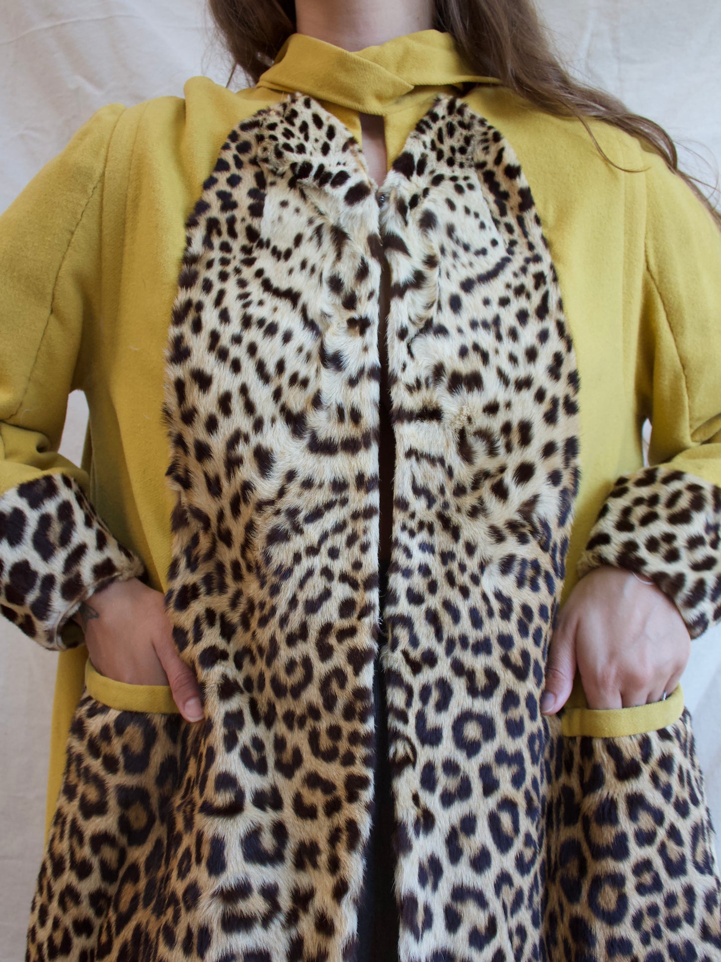 1940s Lemon Yellow Wool & Real Leopard Fur Swing Coat