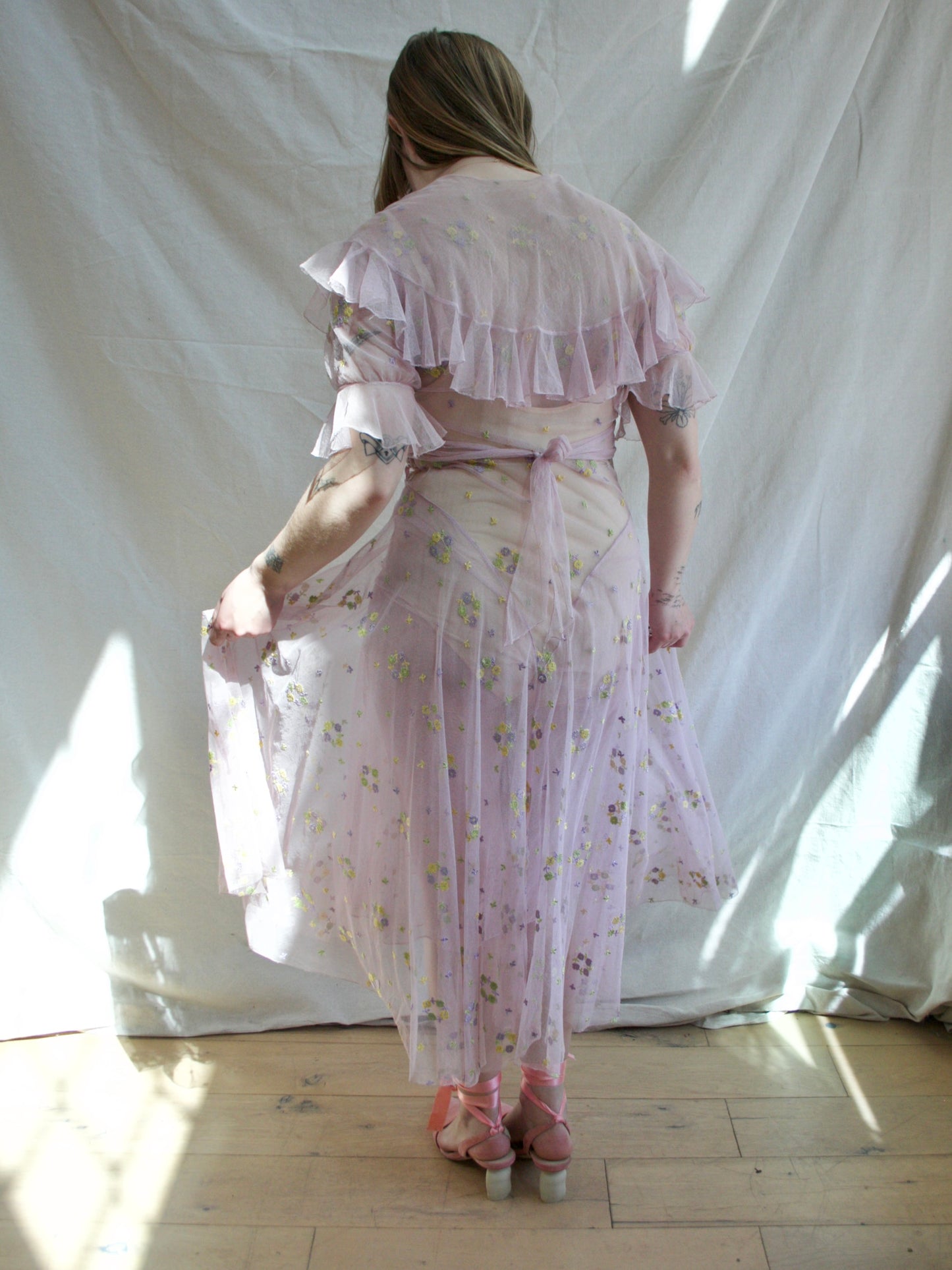 1930s Deco Springtime Embroidered Lavender Tiered Net Dress