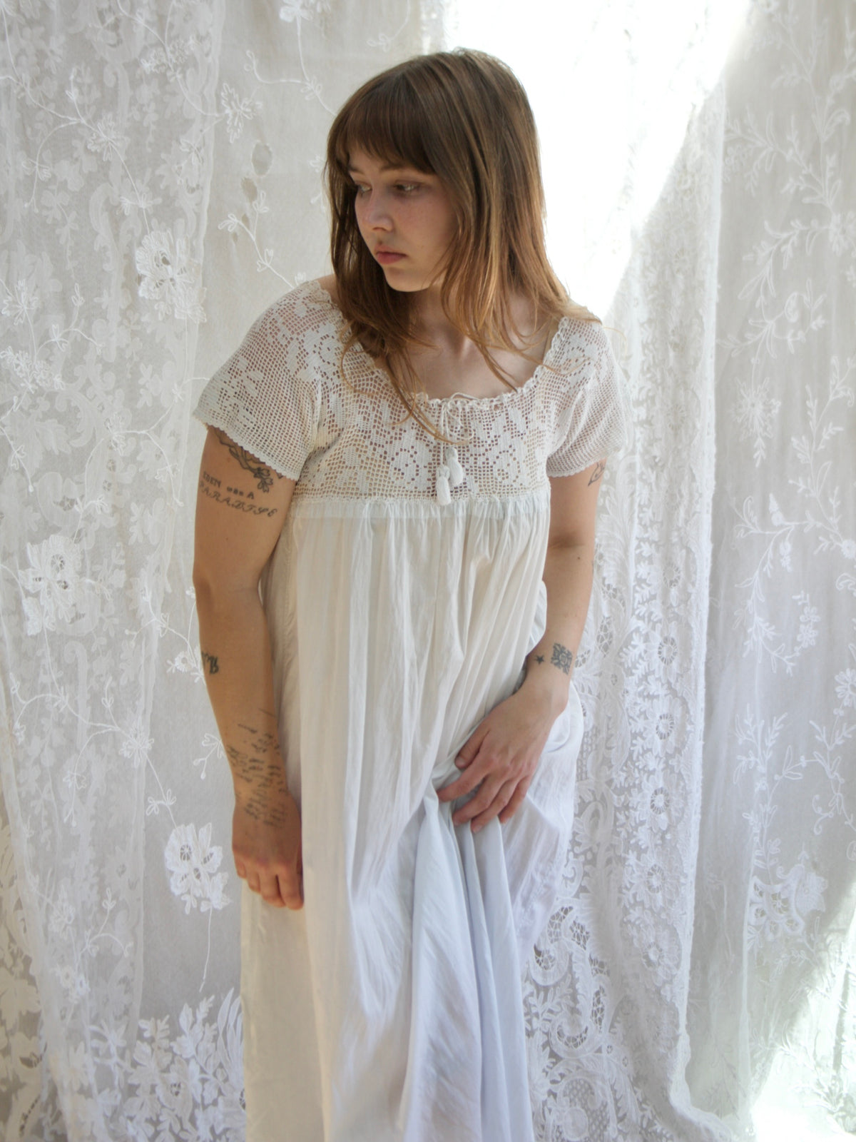 Antique Edwardian Cotton Crochet Yoke Chemise Dress