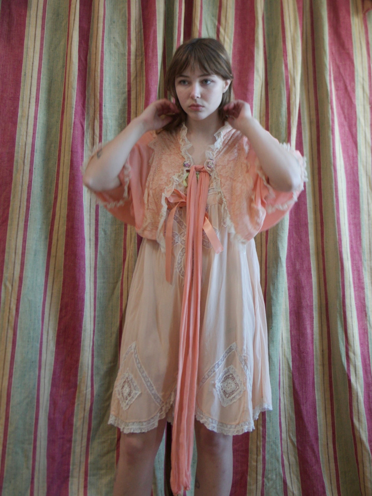 1930s Crepe Chiffon & Ecru Lace Ribbonwork Tie Jacket