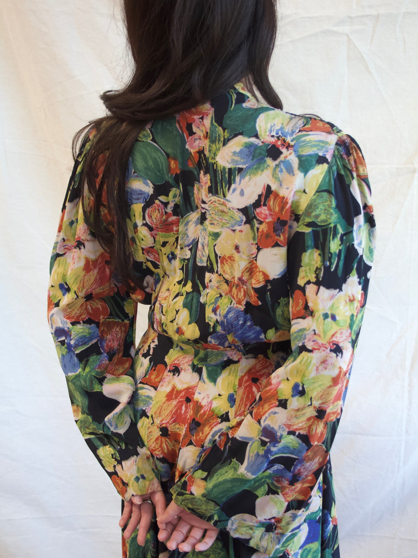 1930s Zip Front Puff Bell Sleeve Floral Silk Crepe Dress