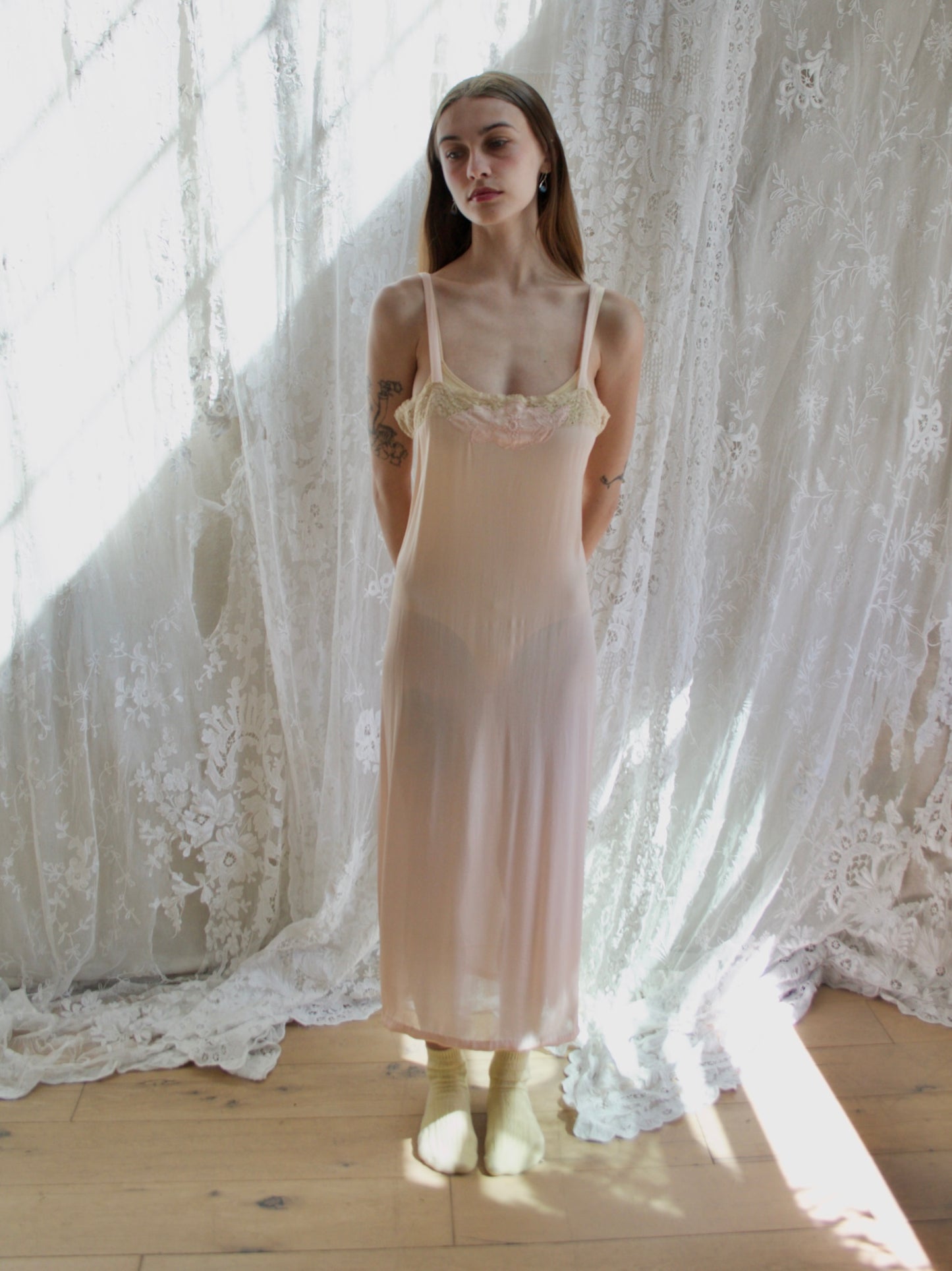 Antique 1920s Silk Crepe Blush Appliquè Slip Dress
