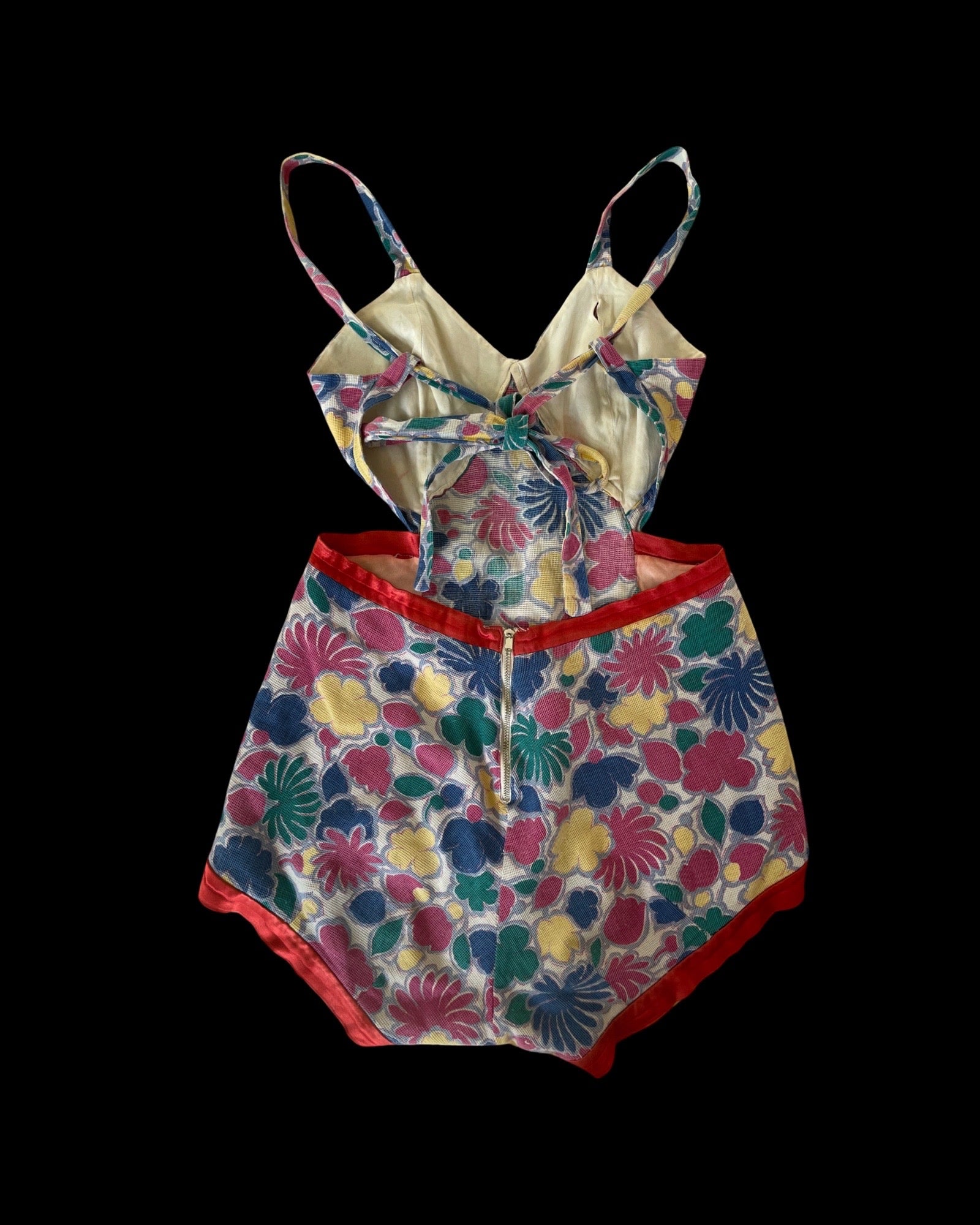 1940s Two Piece Waffled Cotton Rayon Satin Swim/Play-Suit With Skirt