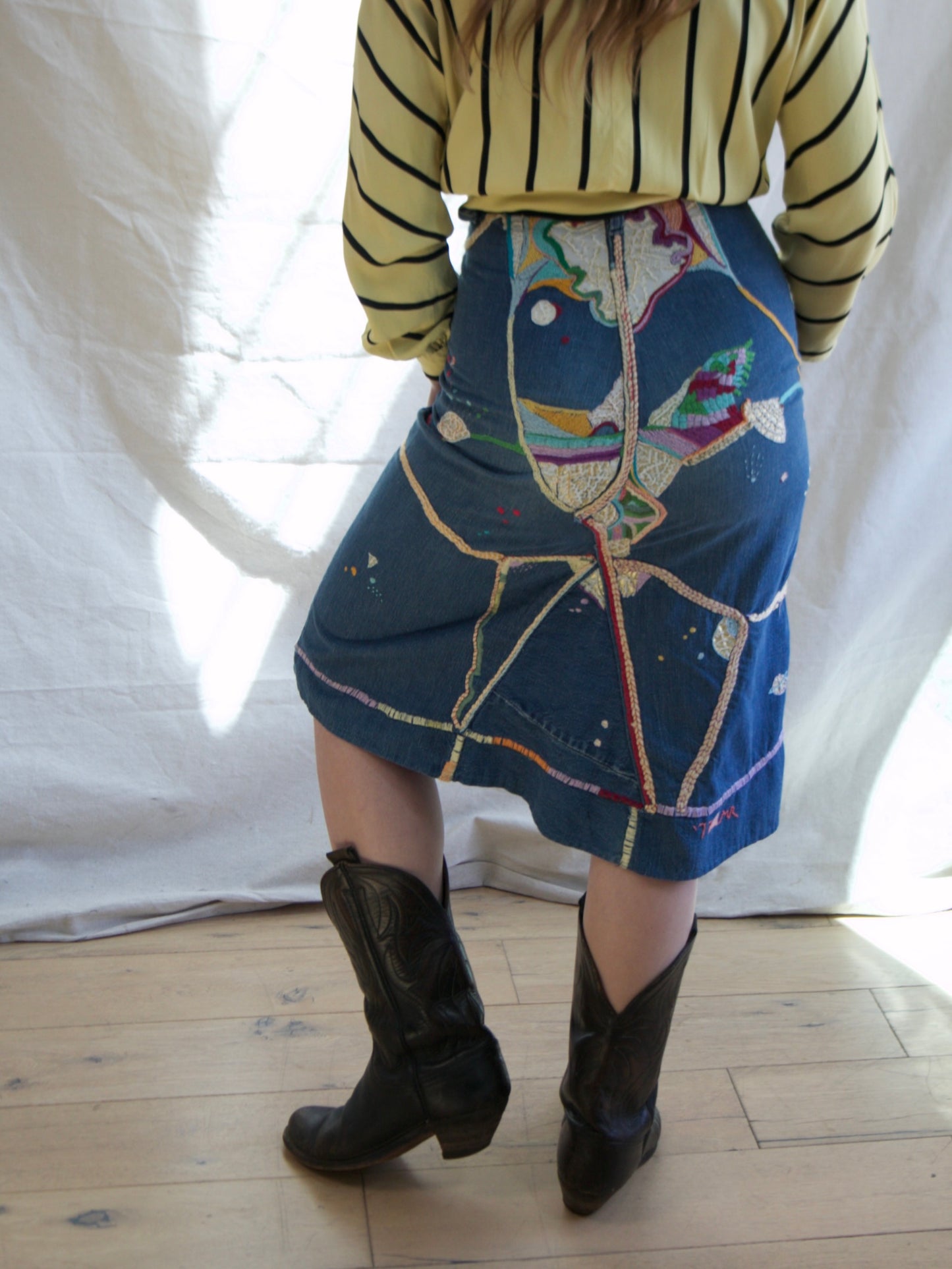 Hand Made 1977 Dated Embroidered Denim Hippie Skirt