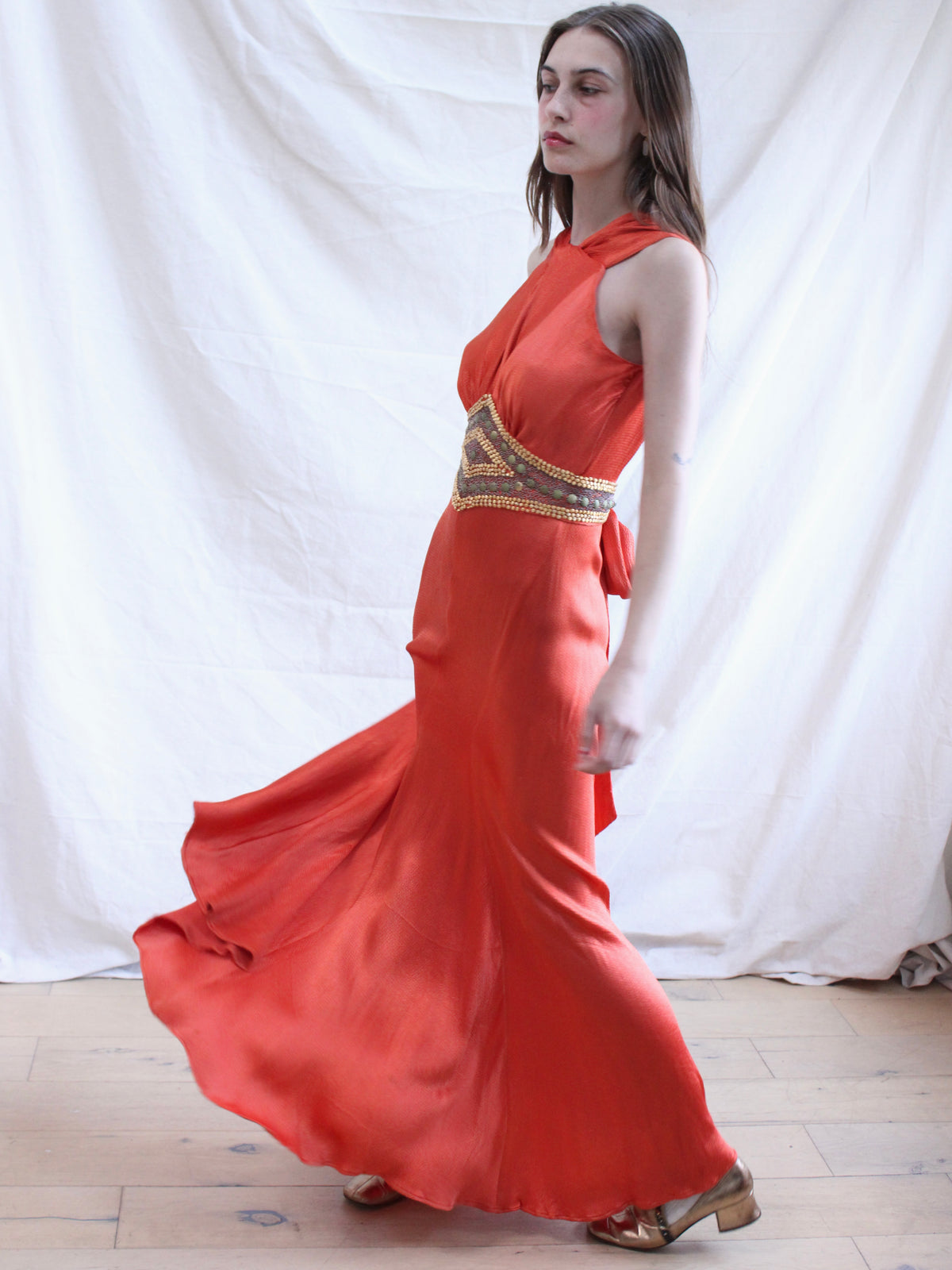 1930s Deco Tangerine Hammered Silk 24K Gold Beaded Bias Gown