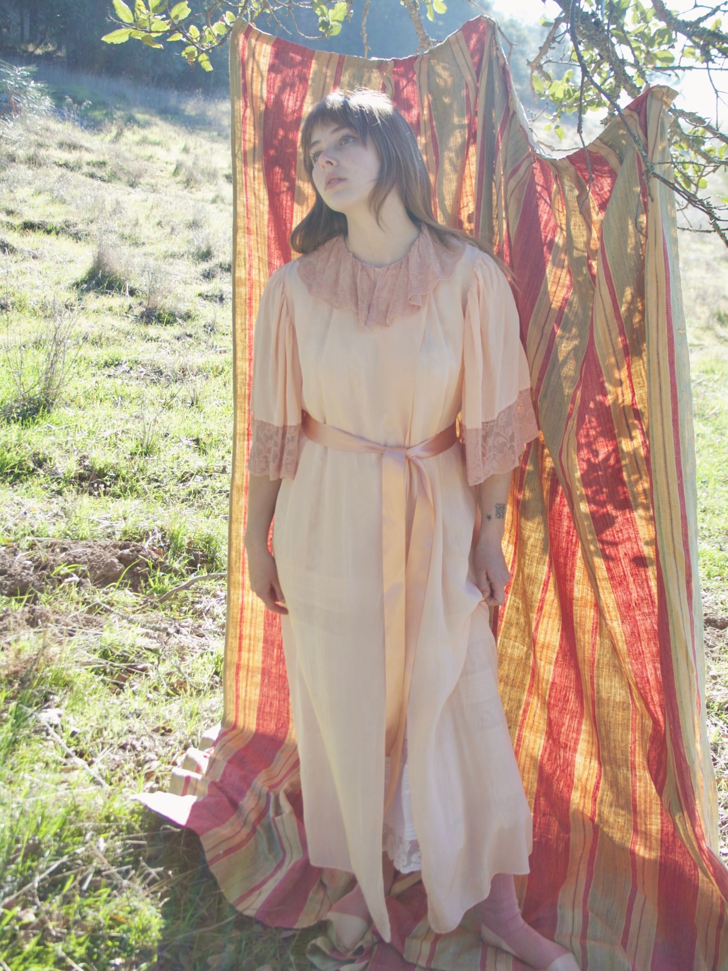 1930s Flutter Sleeve Tambour Lace Trim Wrap Robe