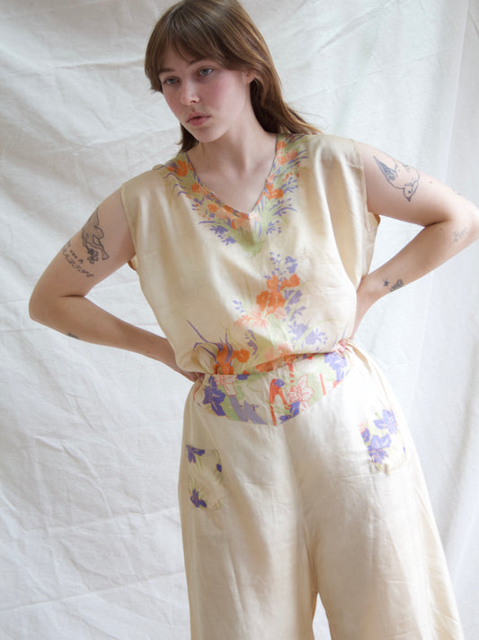 Antique 1920s/1930s Two PC Pongee Silk Palazzo Pant Lounge Set