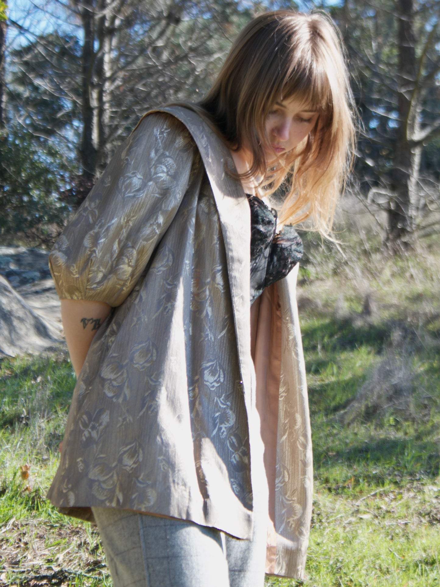 1950s Metallic Satin Brocade Balloon Sleeve Evening Jacket