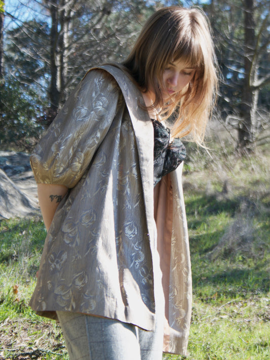 1950s Metallic Satin Brocade Balloon Sleeve Evening Jacket