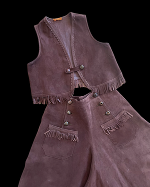 Rare 1940s Cinch Back 'Lasso'em Bill' Suede Fringe Cowgirl Split Skirt Vest Ensemble
