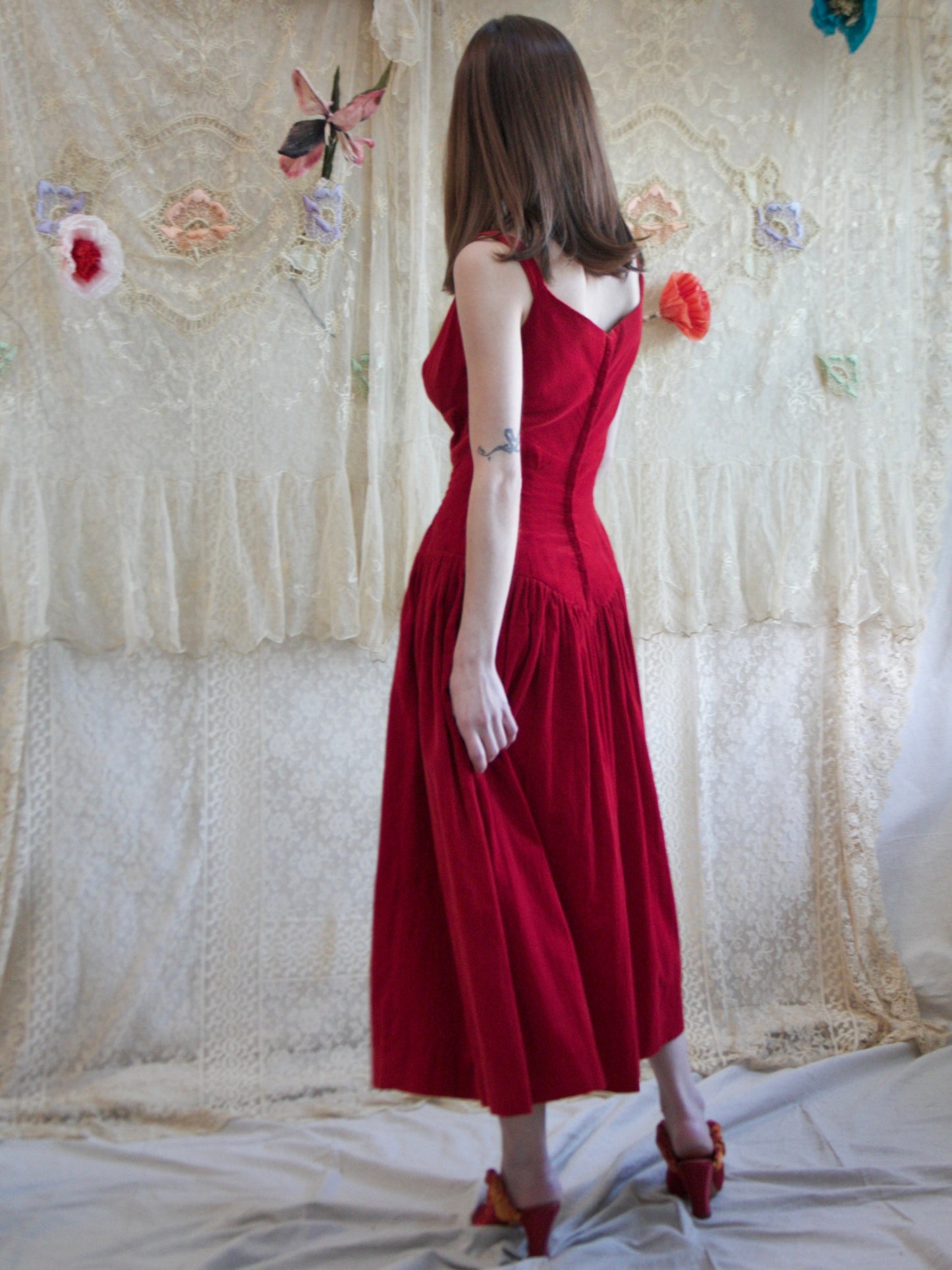 1950s Sweetheart Crimson Velveteen Basque Waist Dress