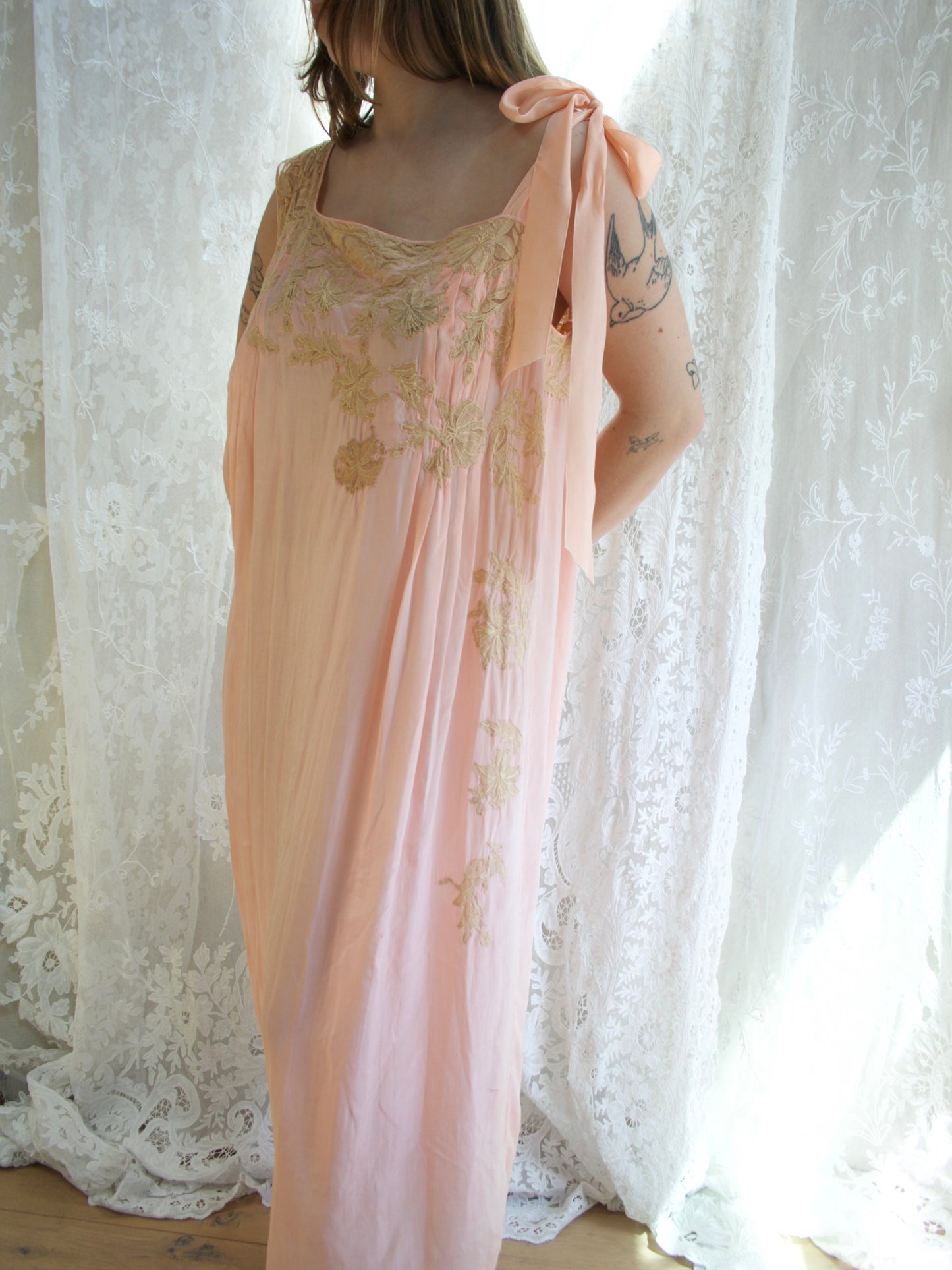 Antique 1920s Inset Ecru Lace Silk Asymmetrical Tie Shoulder Lingerie Gown