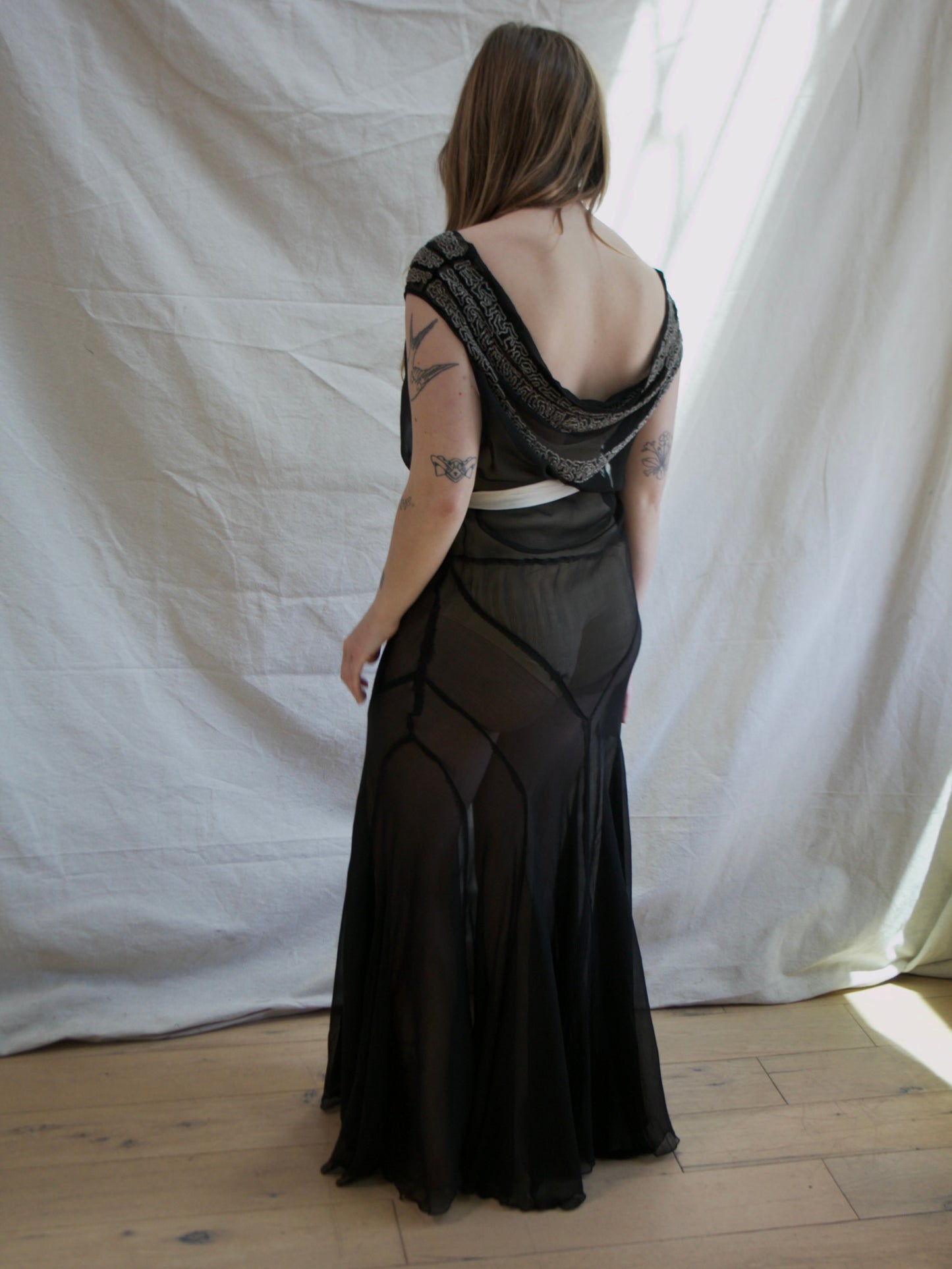 1930s Cowl Neck Vampy Chiffon Deco Seamed Beaded Gown