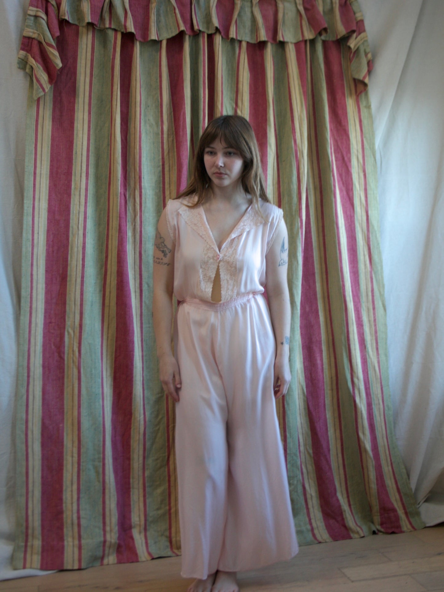 1930s Petal Pink Lace Trim Keyhole Boudoir Jumpsuit